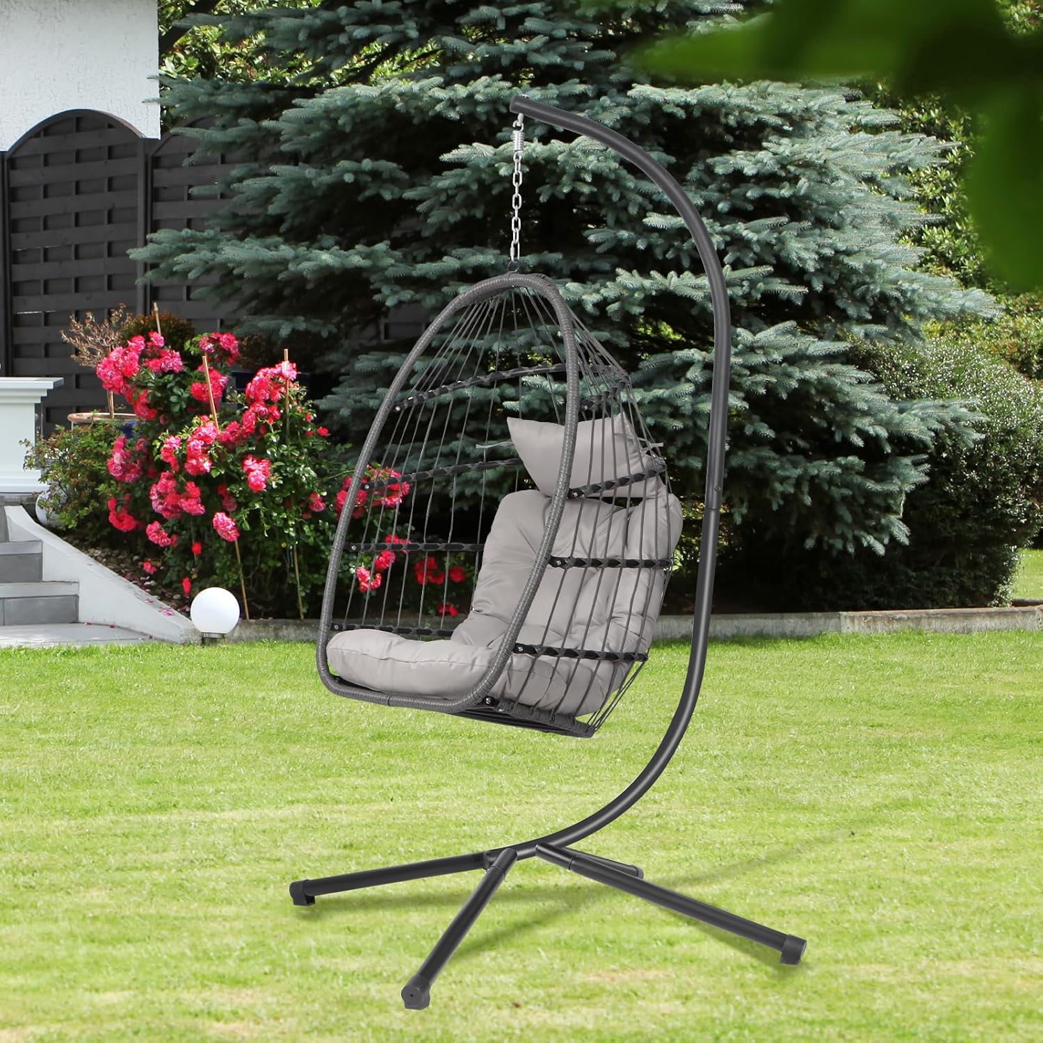 Rattan Egg Swing Chair with Stand Cushion Grey