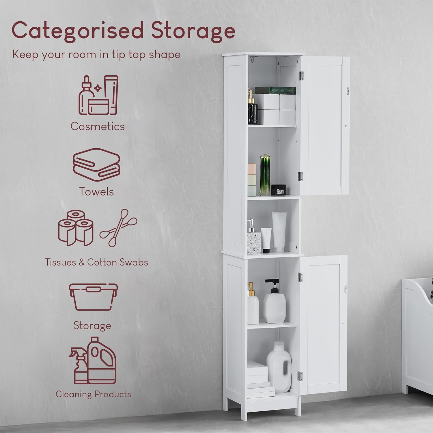 Bathroom Tallboy Storage Cabinet 2 Door Shelf Unit White