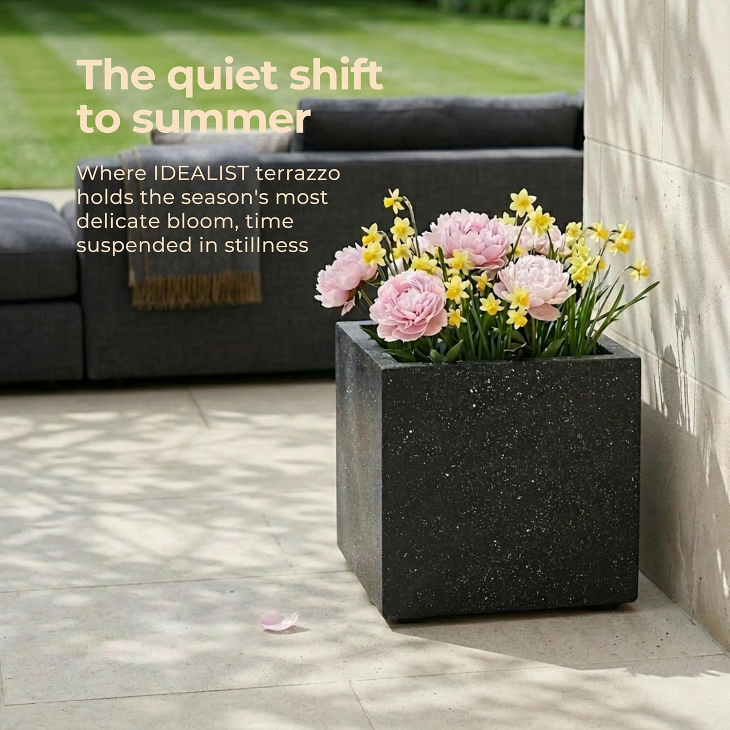 40cm Black Terrazzo Square Planter Stone Effect Garden Pot
