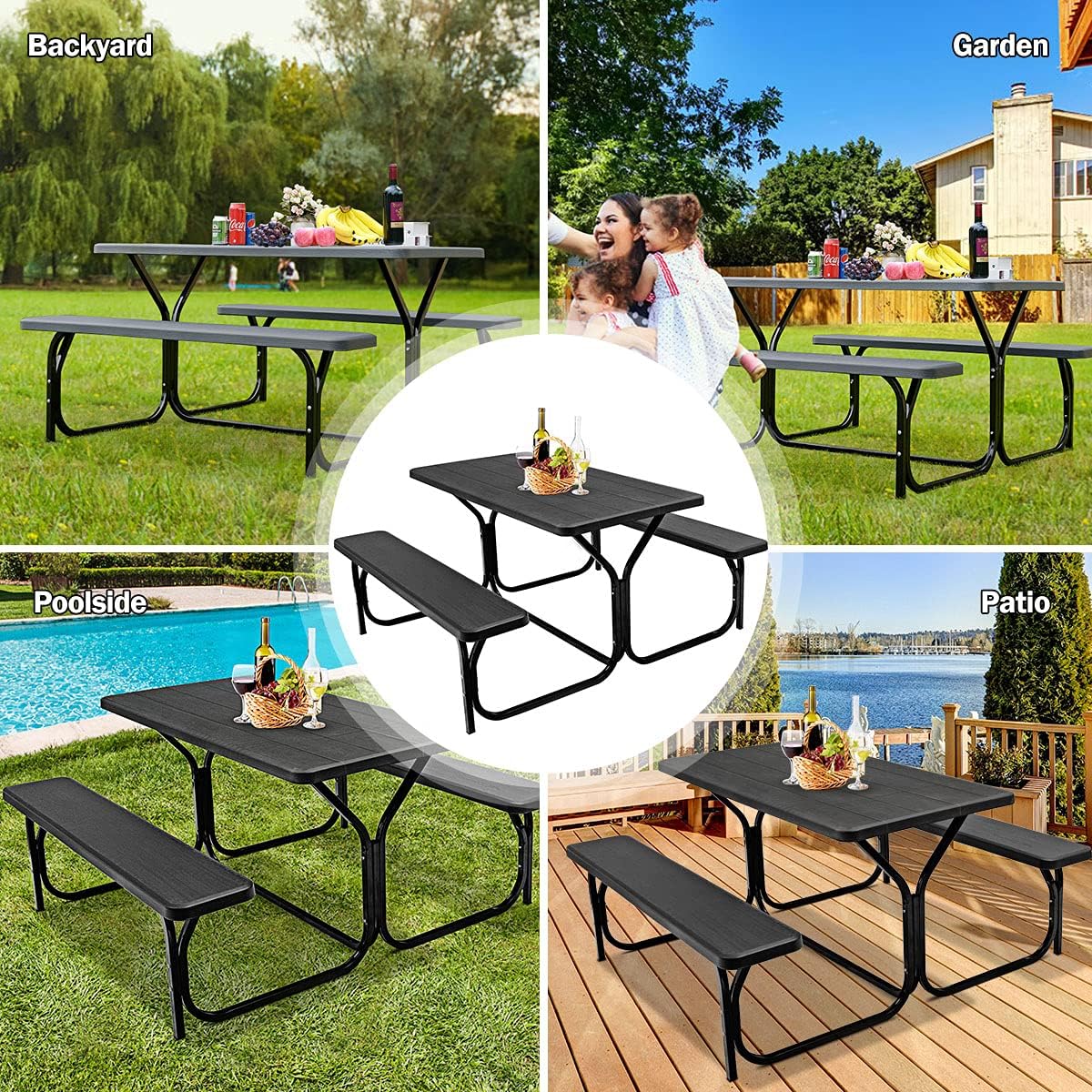 Outdoor Picnic Table Bench Set HDPE Garden Dining Black