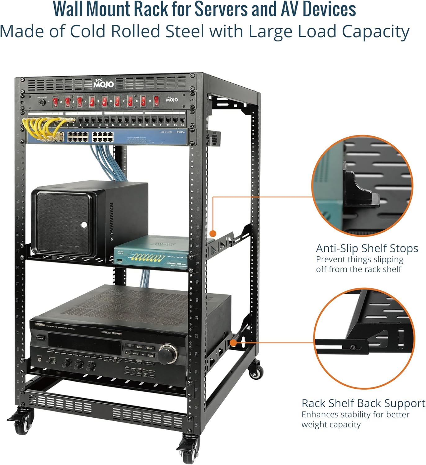 20U Open Frame Network Rack with Wheels 4 Post AV Rack