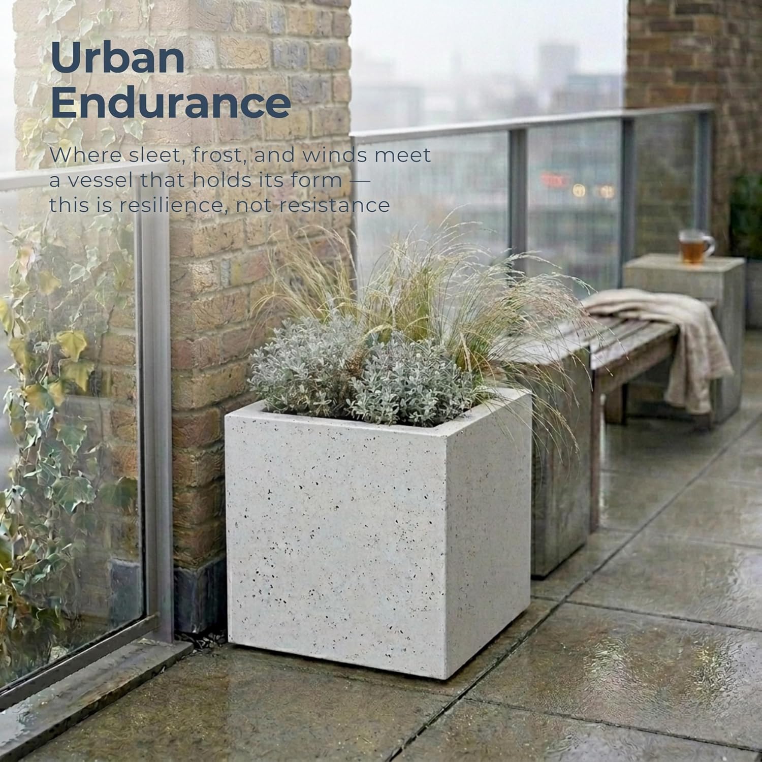 Large Square Garden Planter 40cm Stone Effect Pot Grey Drainage