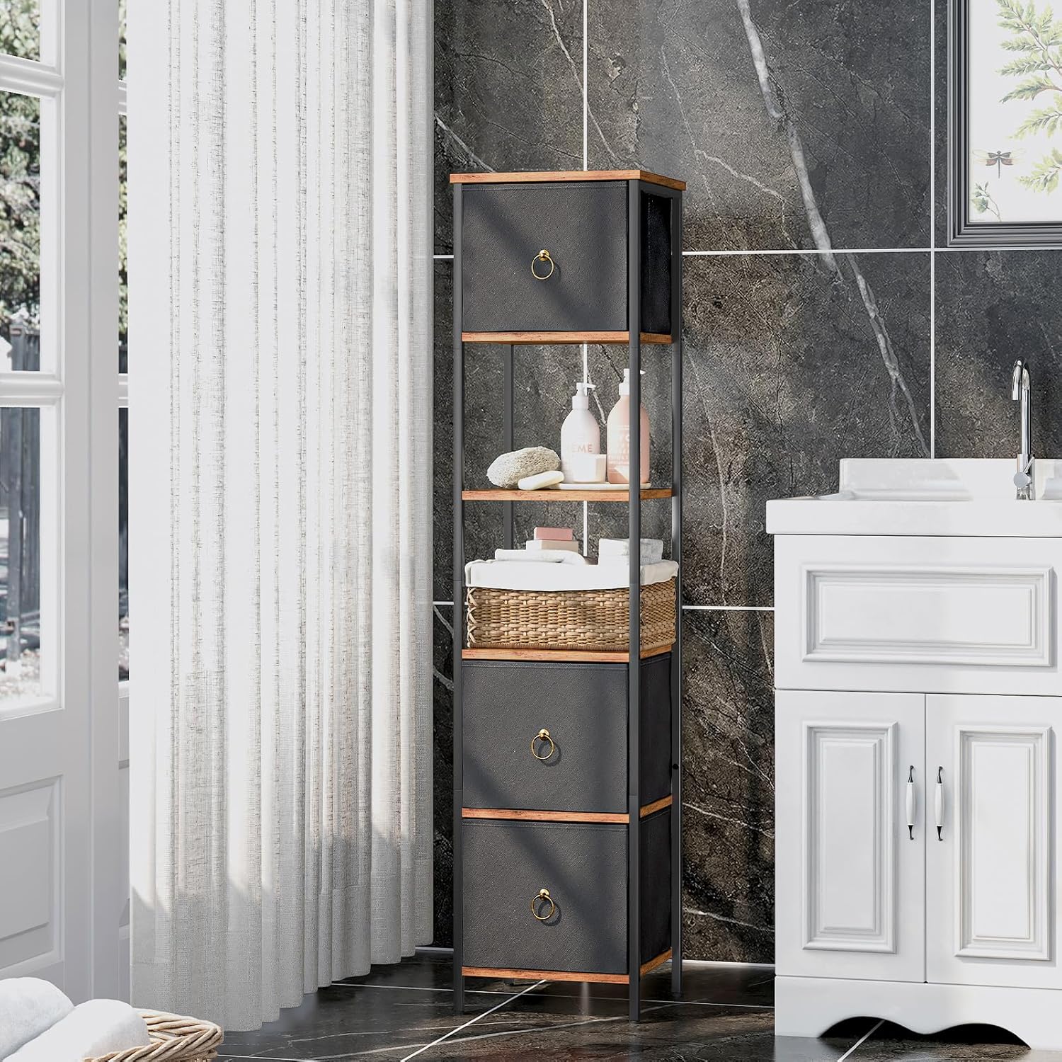 Tall Corner Storage Cabinet Rustic Brown Black Drawer Shelf
