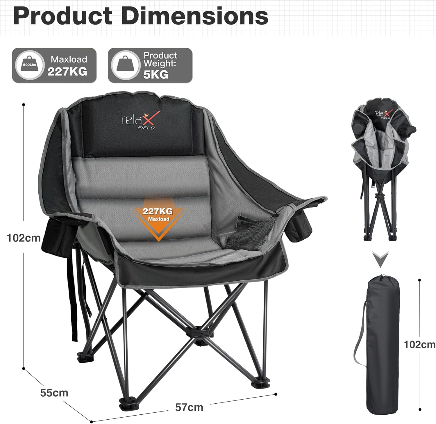 Oversized Padded Camping Chair Heavy Duty 227KG Black