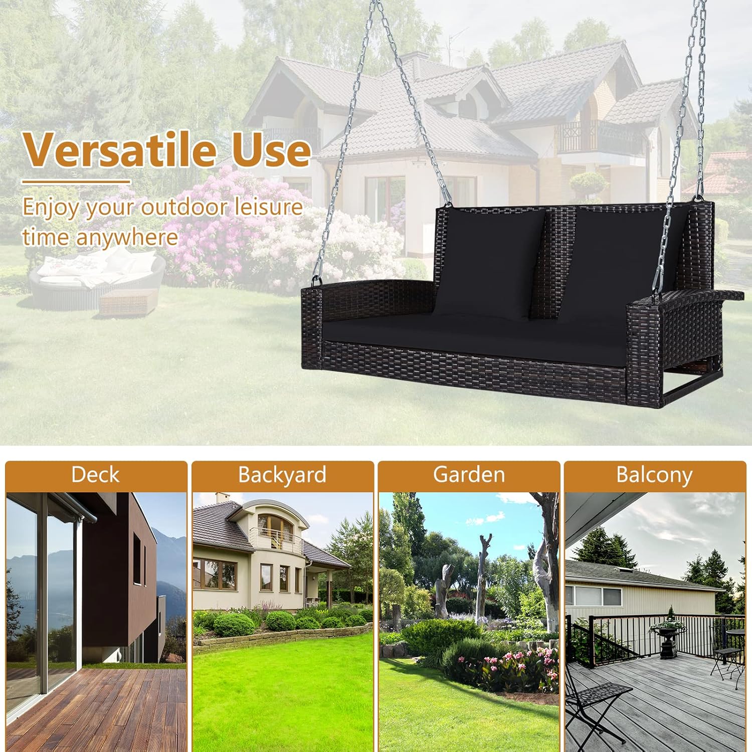 2 Person Rattan Swing Set Black Cushions A Frame Stand