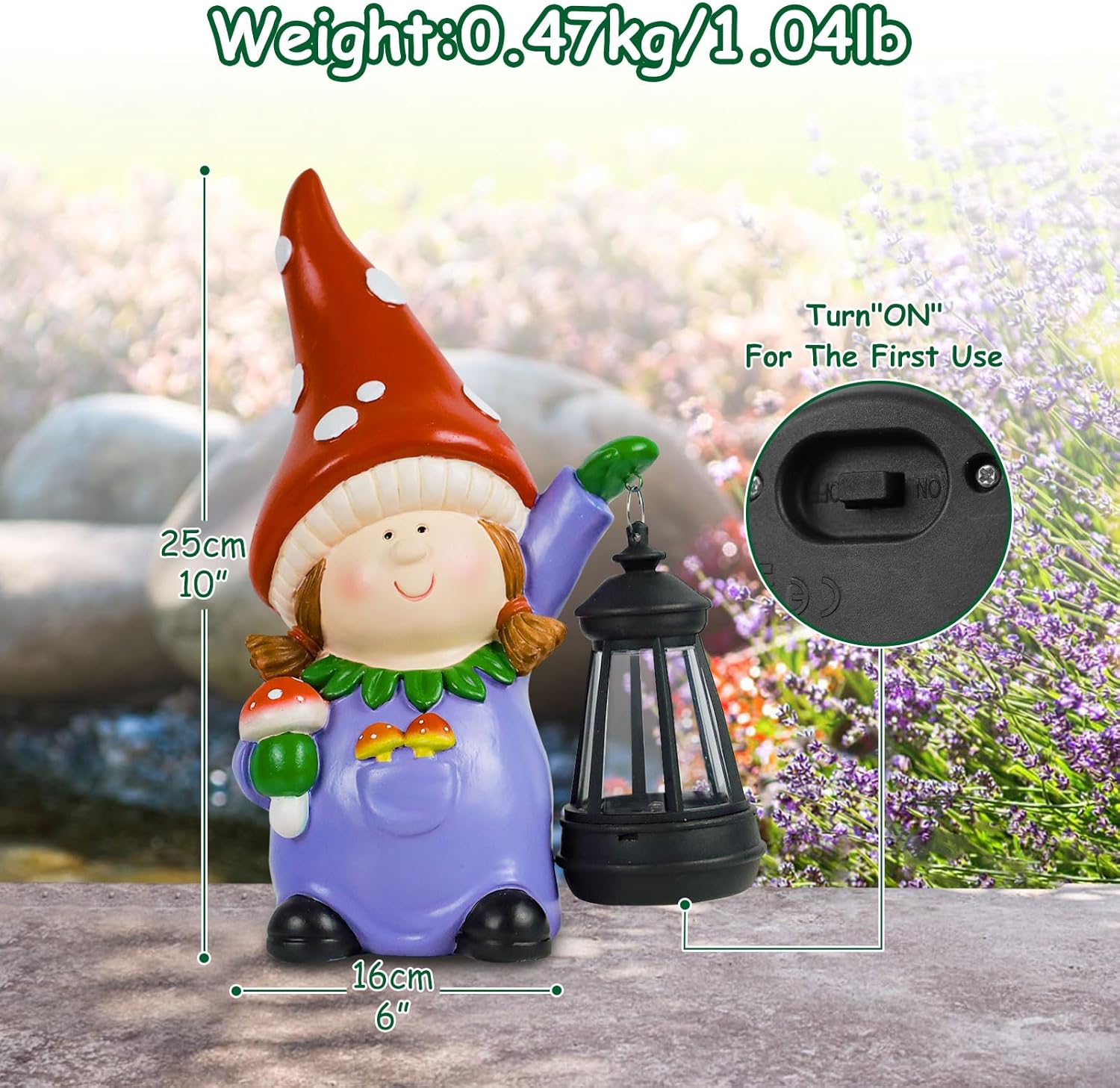 Solar Garden Gnome Statue LED Lantern Outdoor Patio Yard Decor