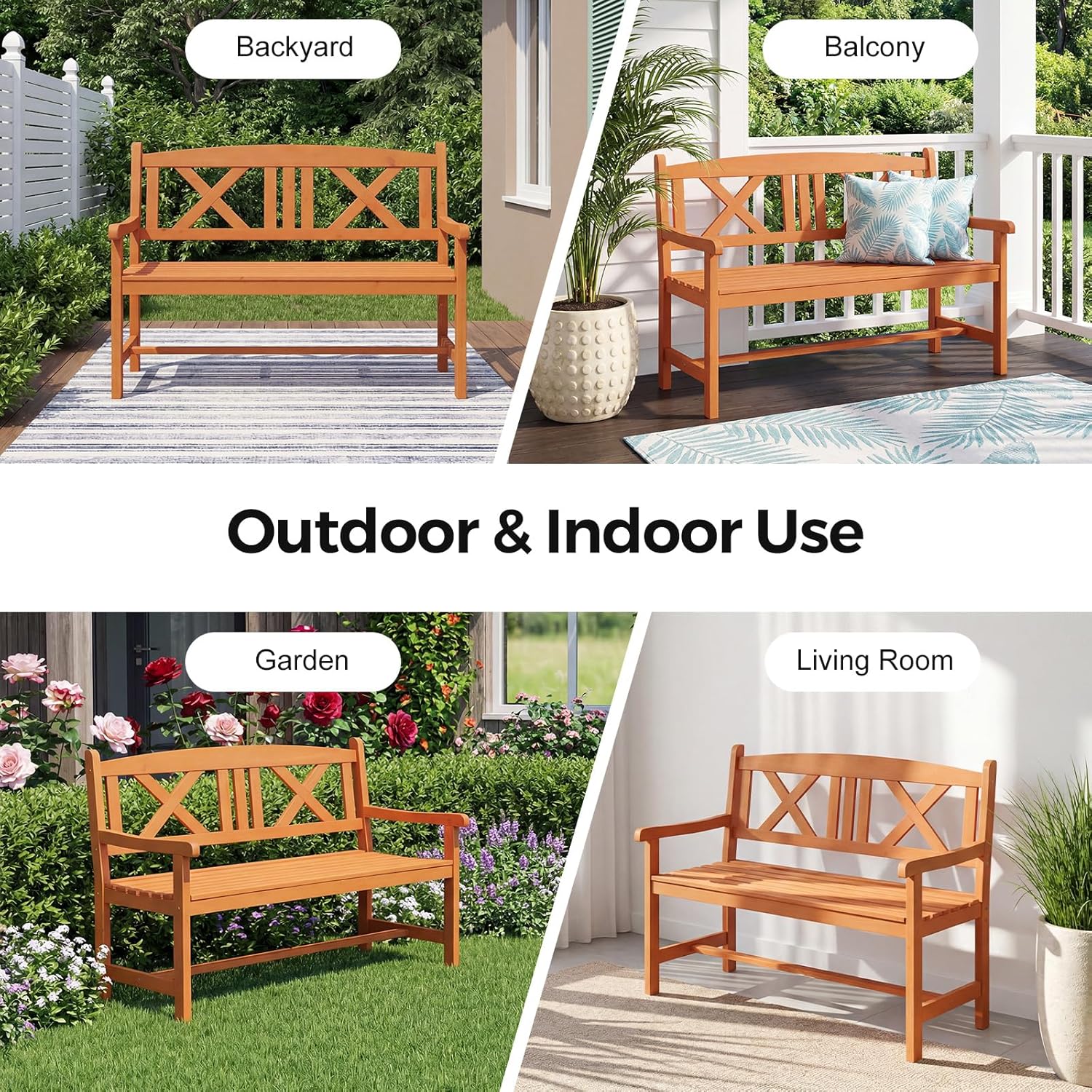 2 Seater Wooden Garden Bench Patio Seat w/Backrest Armrests