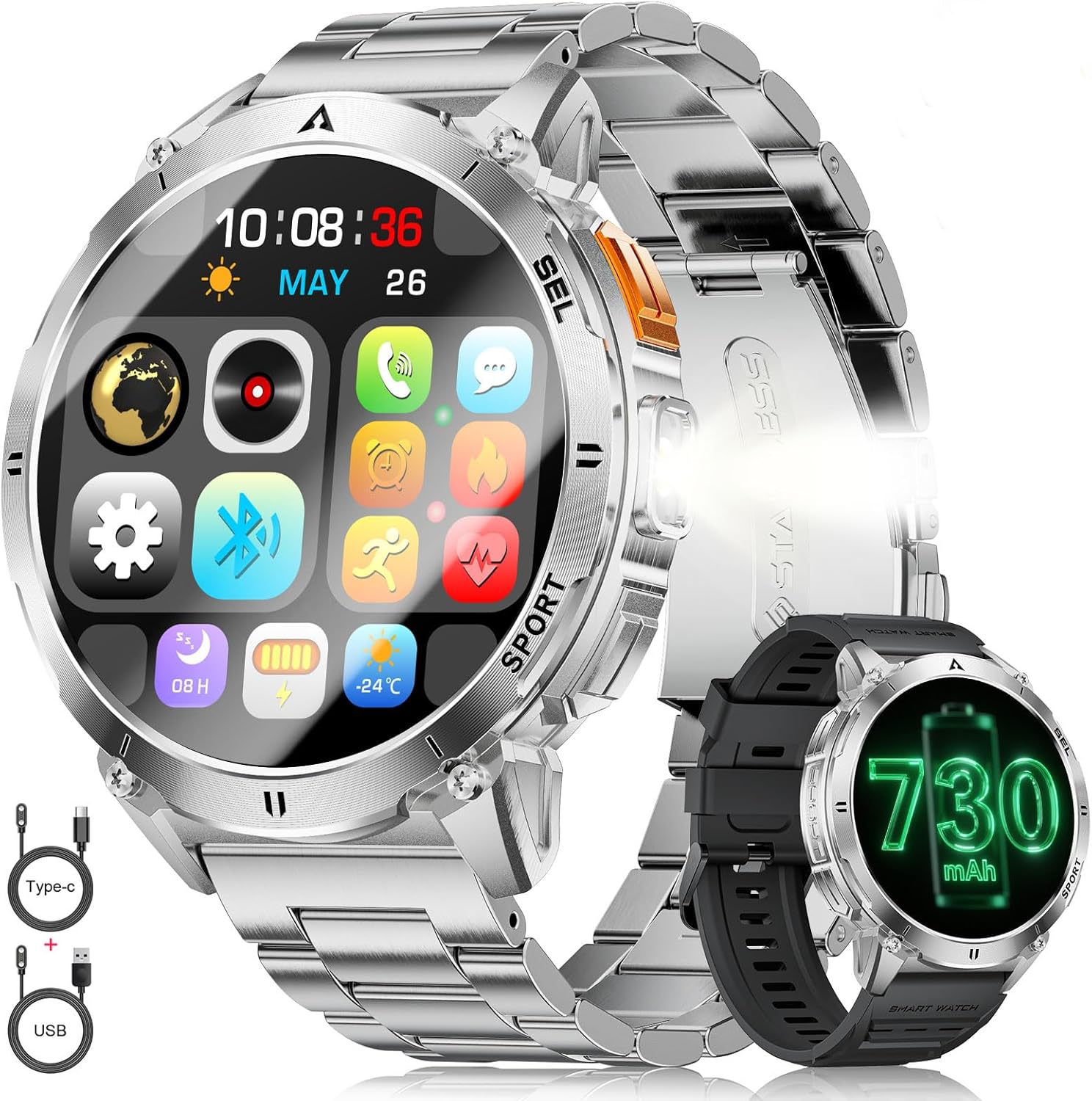 Mens AMOLED Smart Watch Bluetooth Call 730mAh LED Flashlight