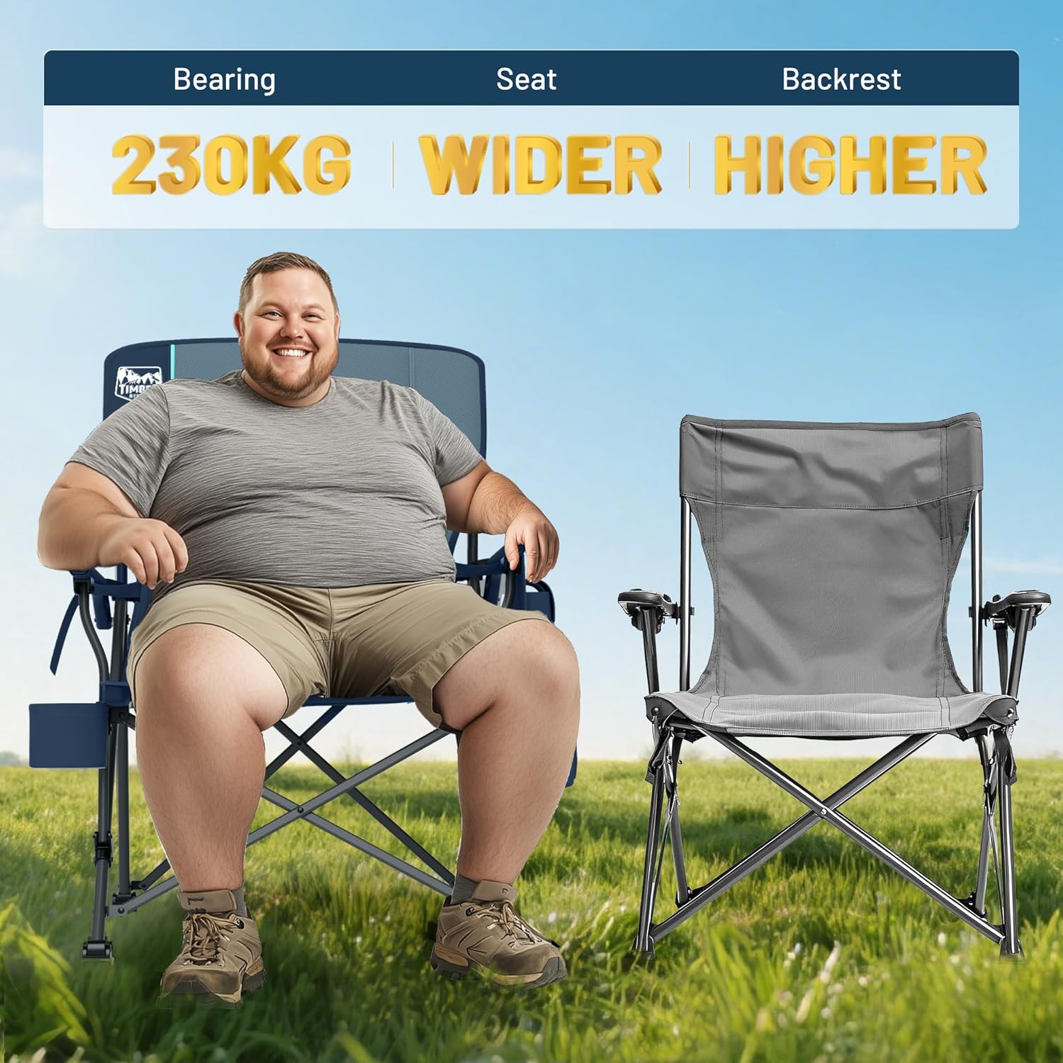 Heavy Duty Outdoor Chair with Lumbar Support Cooler Pocket Blue