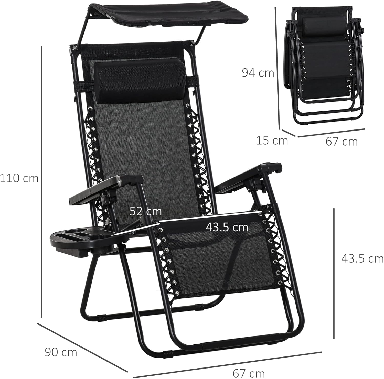 Zero Gravity Sun Lounger Chair Foldable with Canopy Black