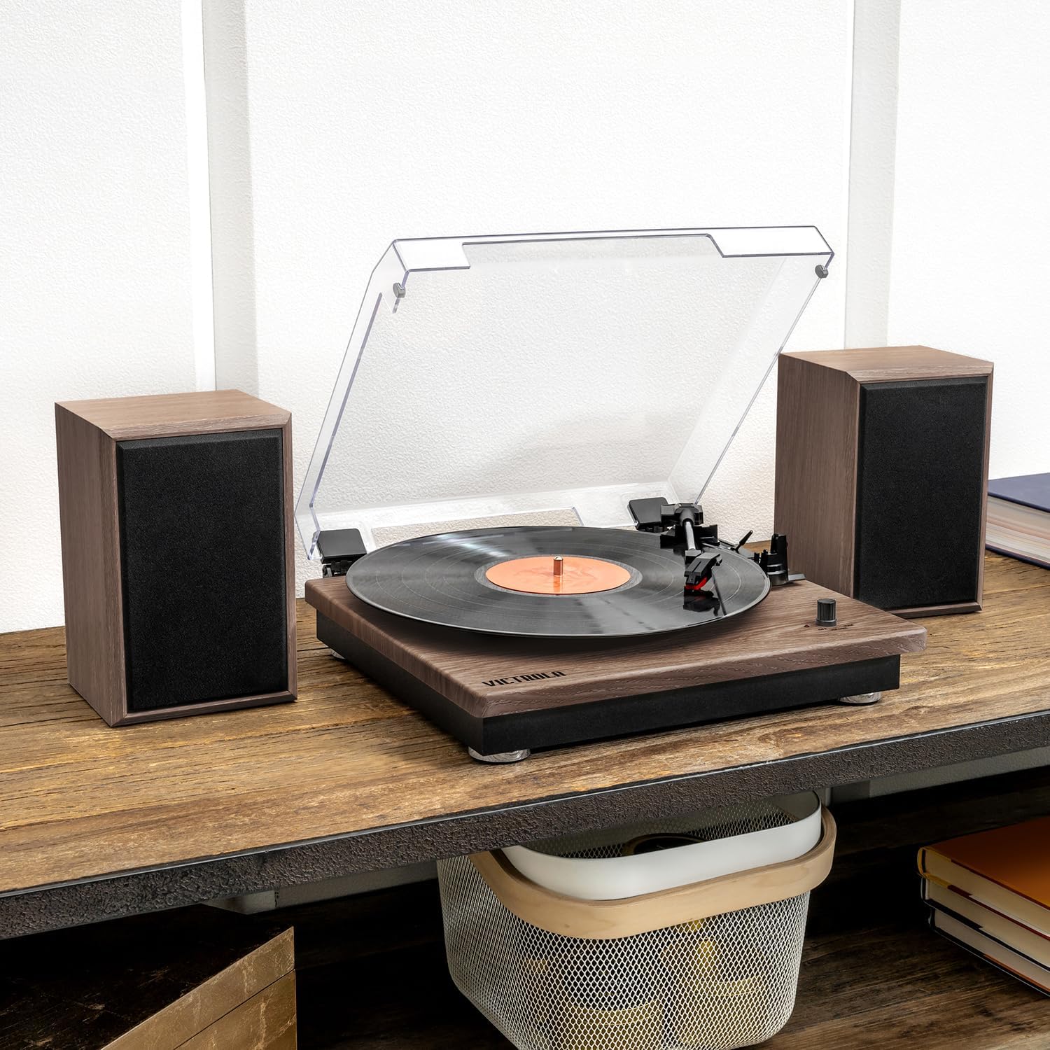Vinyl Record Player with Stereo Bluetooth Speakers Oak