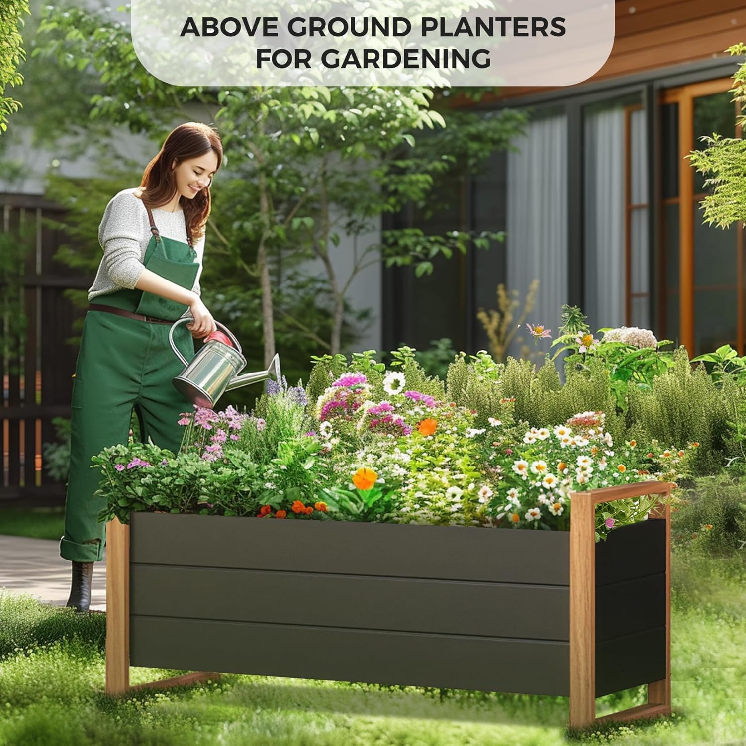 Metal Raised Garden Planter Bed 100cm Green with Drainage