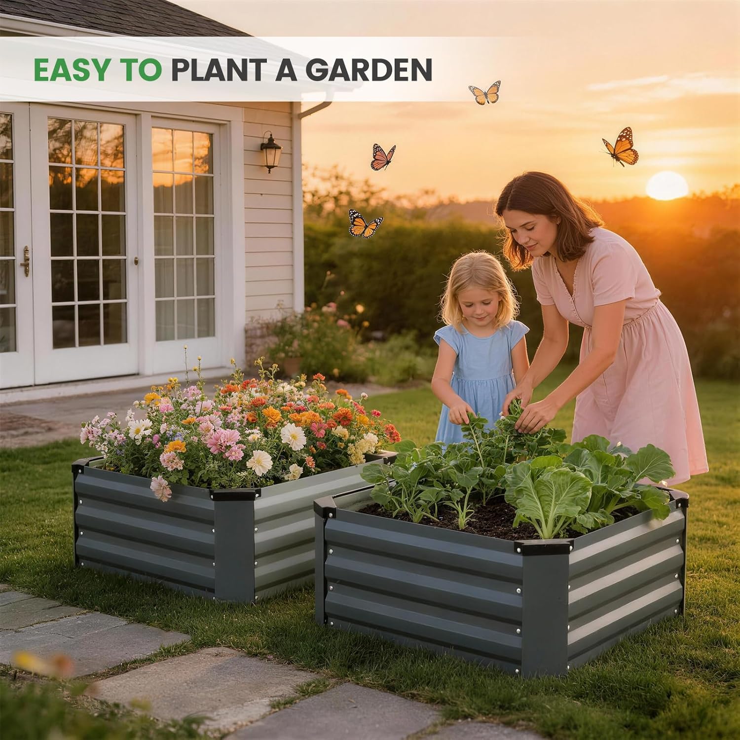 Set of 2 Metal Raised Garden Beds 60x60cm Grey