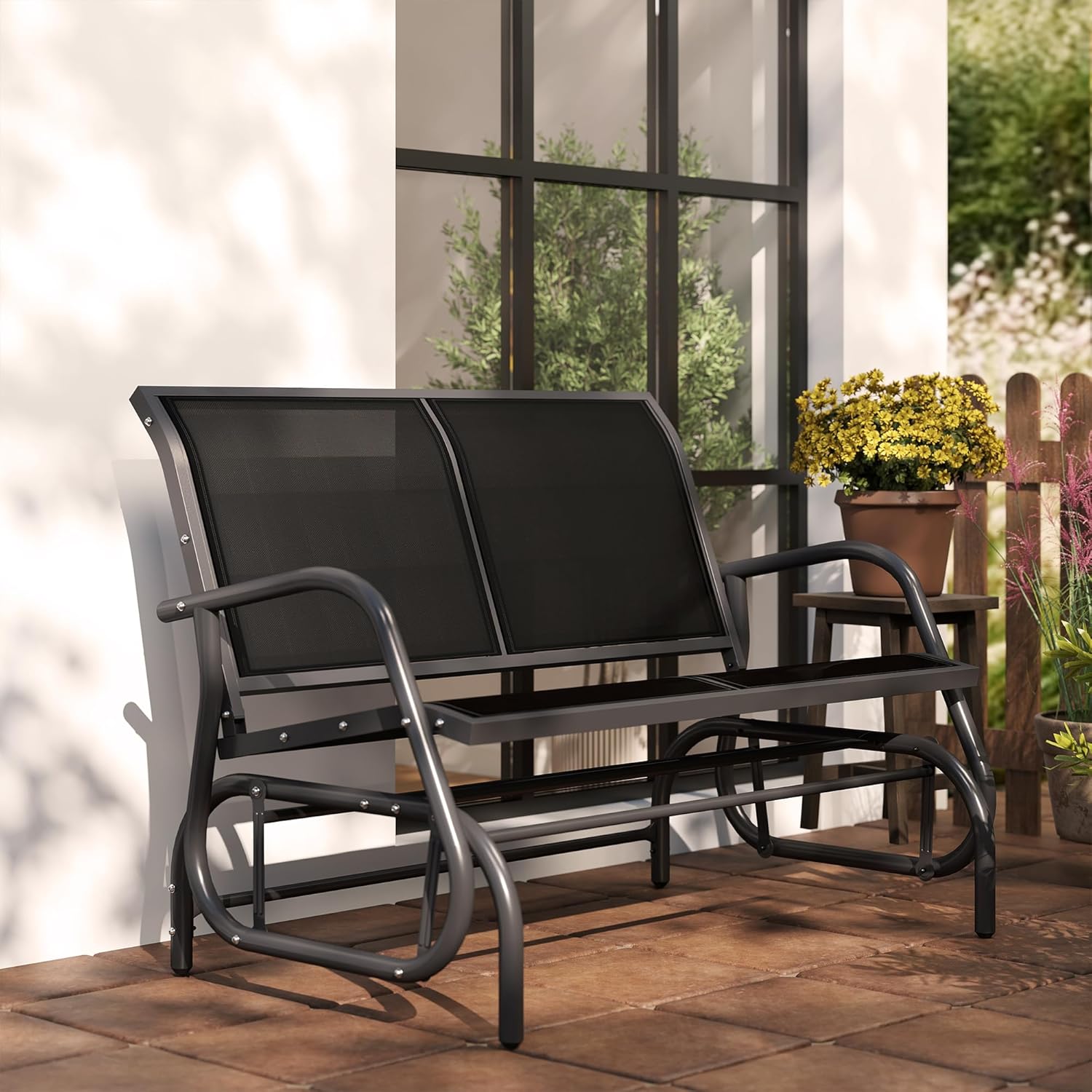 2 Seater Outdoor Glider Bench Metal Patio Swing Chair Black