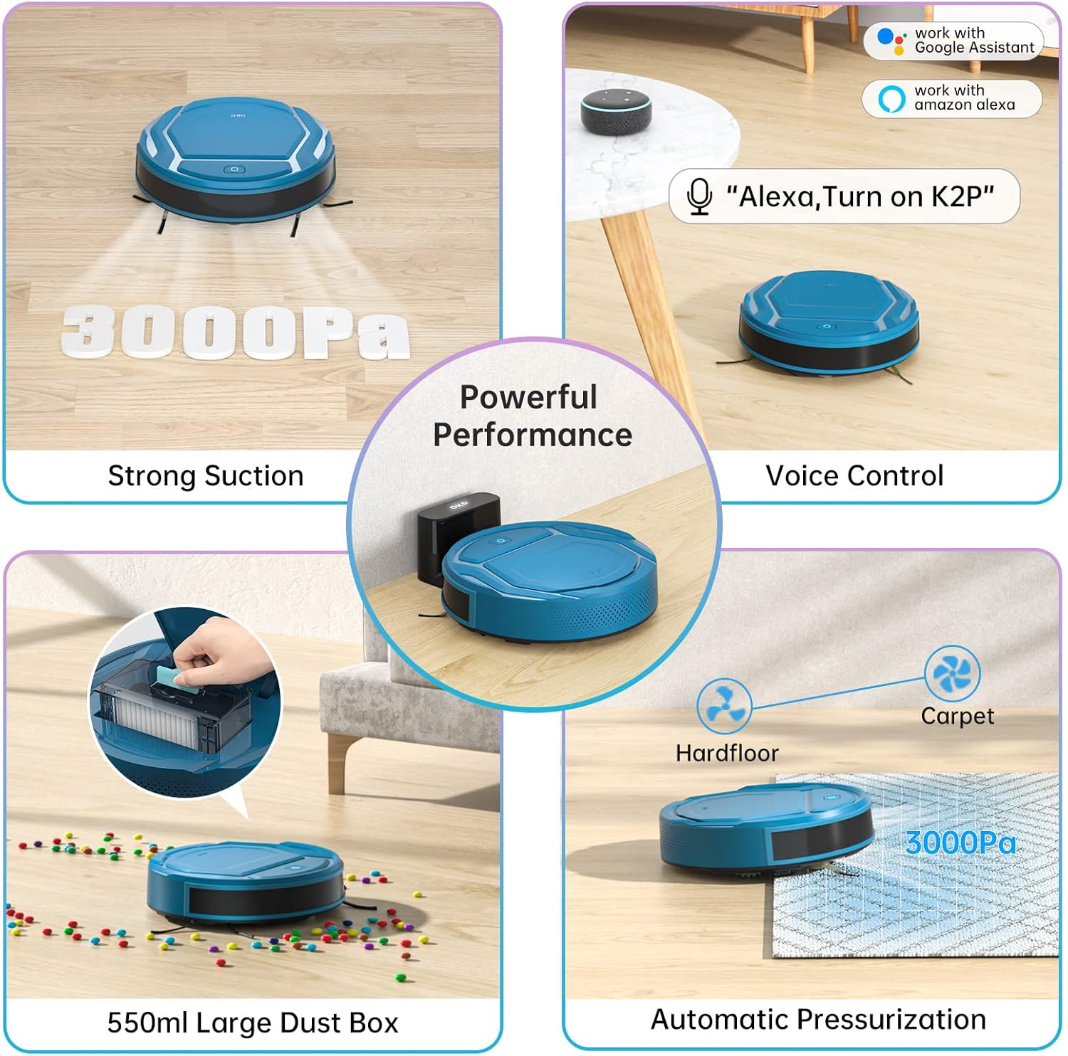 Robot Vacuum Cleaner 3000Pa Pet Hair Tangle Free WiFi App Auto Charge