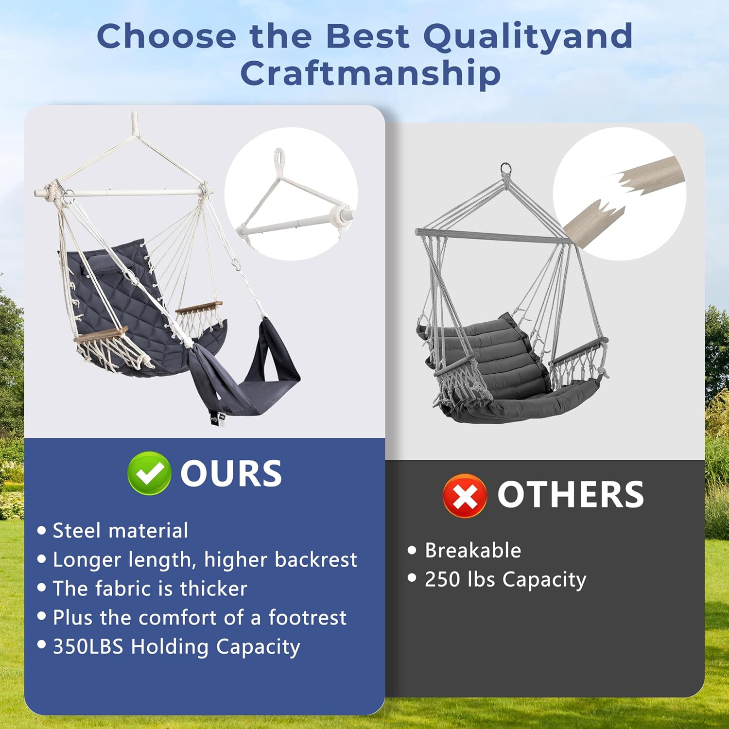 Luxury Hammock Swing Chair with Footrest Headrest 350lb Dark Grey