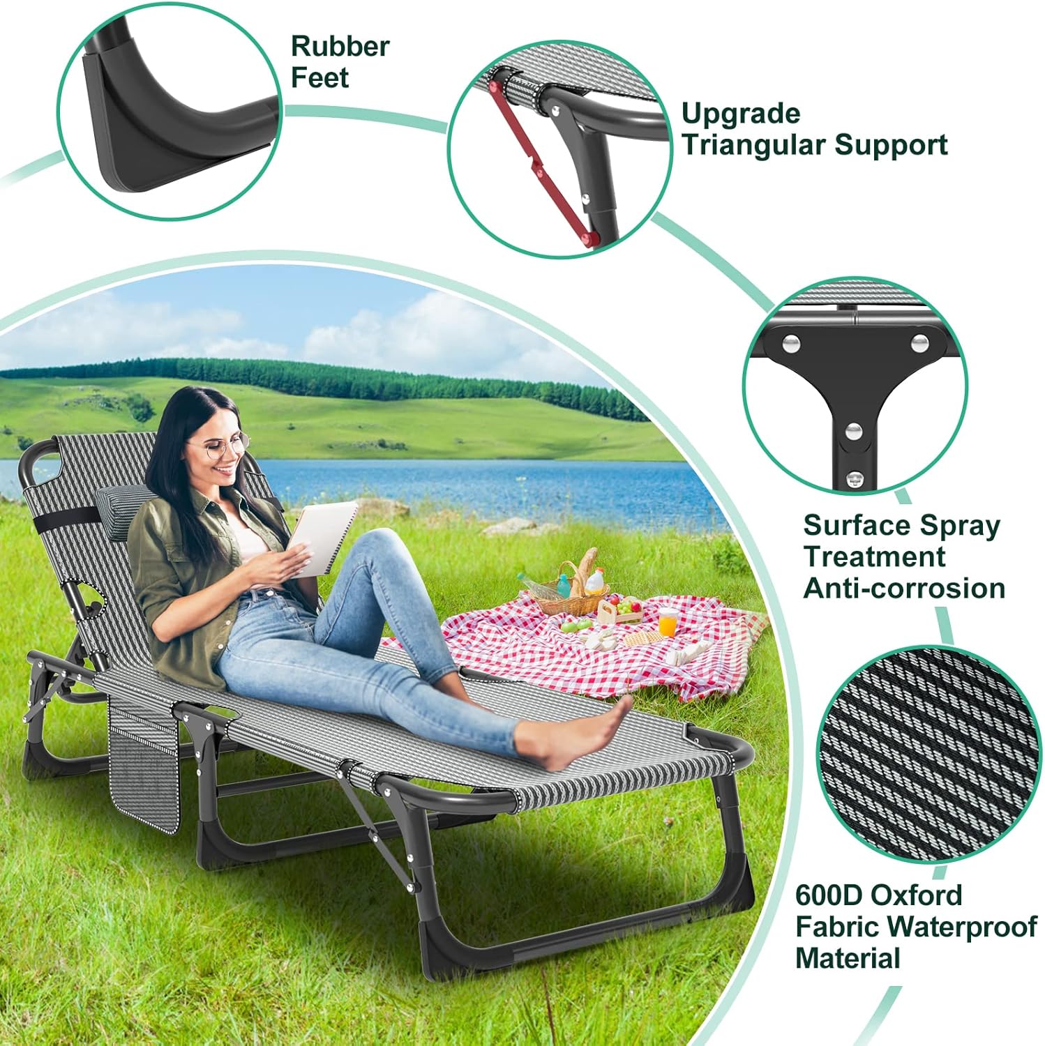 Folding Sun Lounger Recliner Bed with Mattress Grey