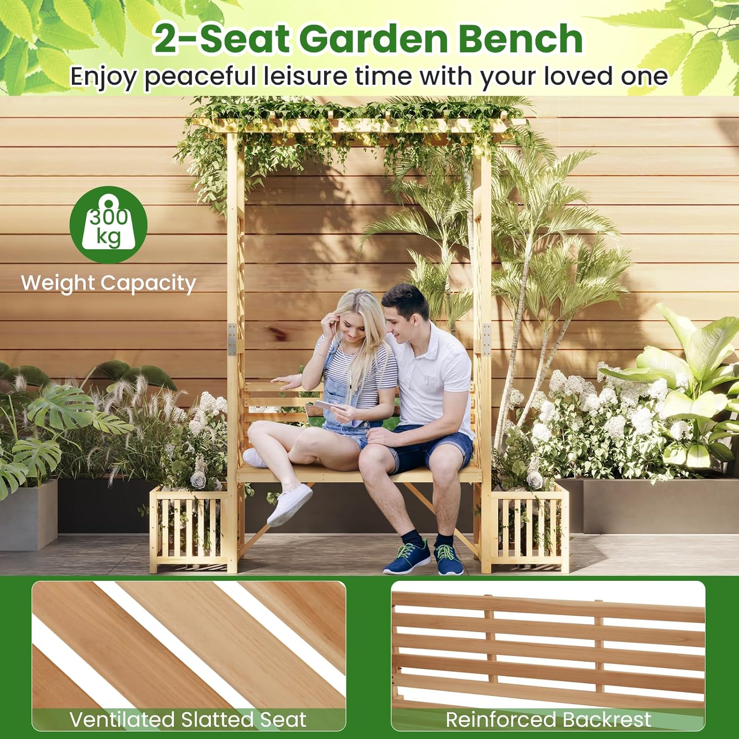 Wooden Garden Arch Bench with Planters Trellis Pergola Seat