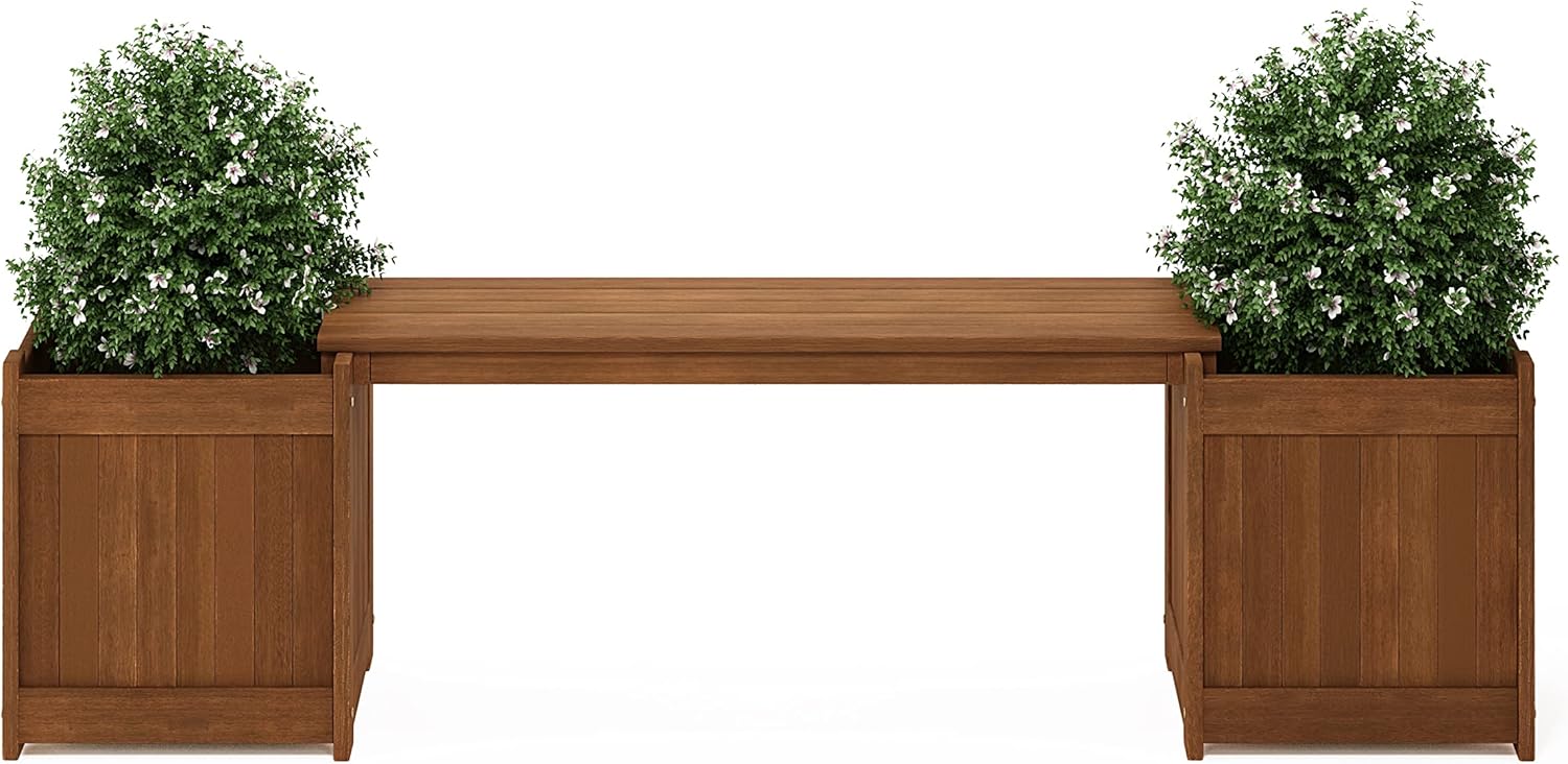 Wood Planter Box with Bench Teak Oil Treated Garden Patio Seat