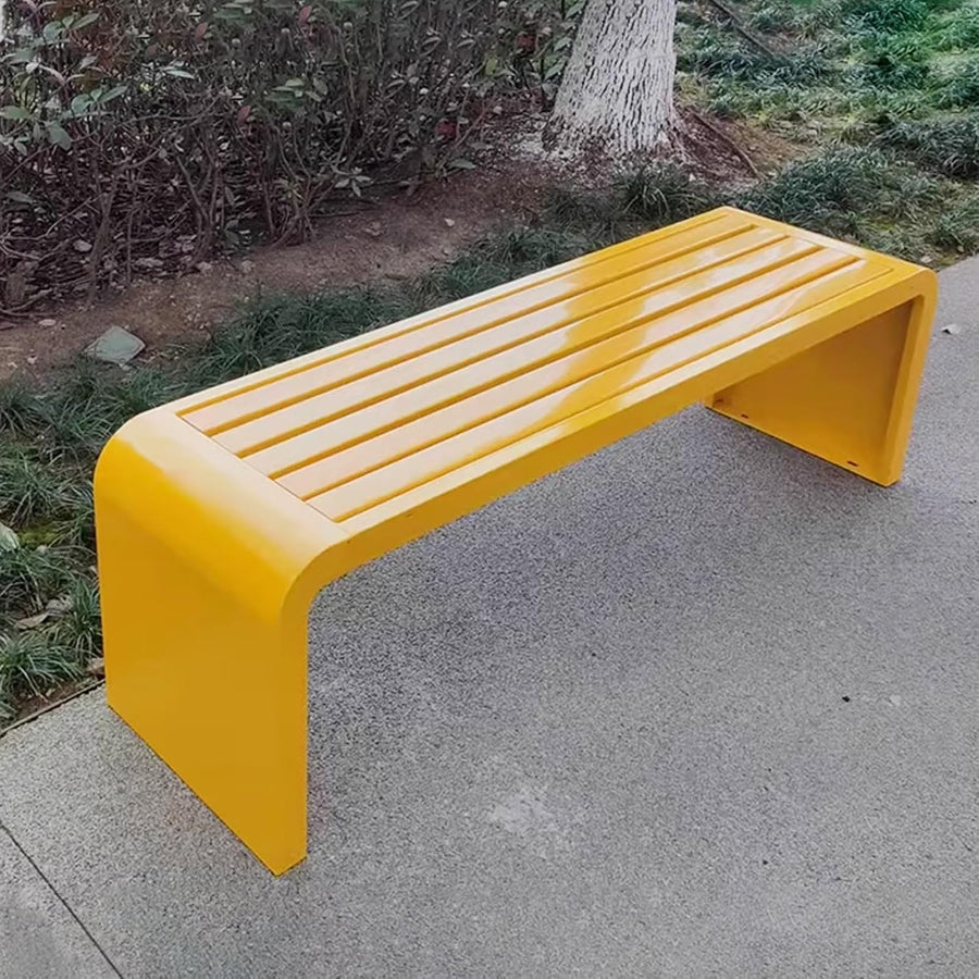 150cm Curved Outdoor Garden Bench Wood Seat Steel Frame Backless Patio Bench