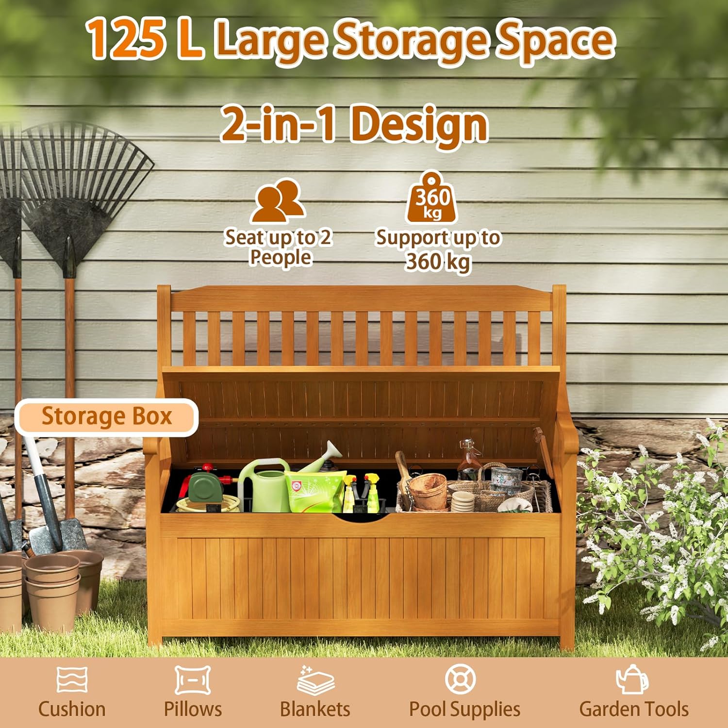 2 Seater Wooden Garden Storage Bench Patio Seat with 125L Box