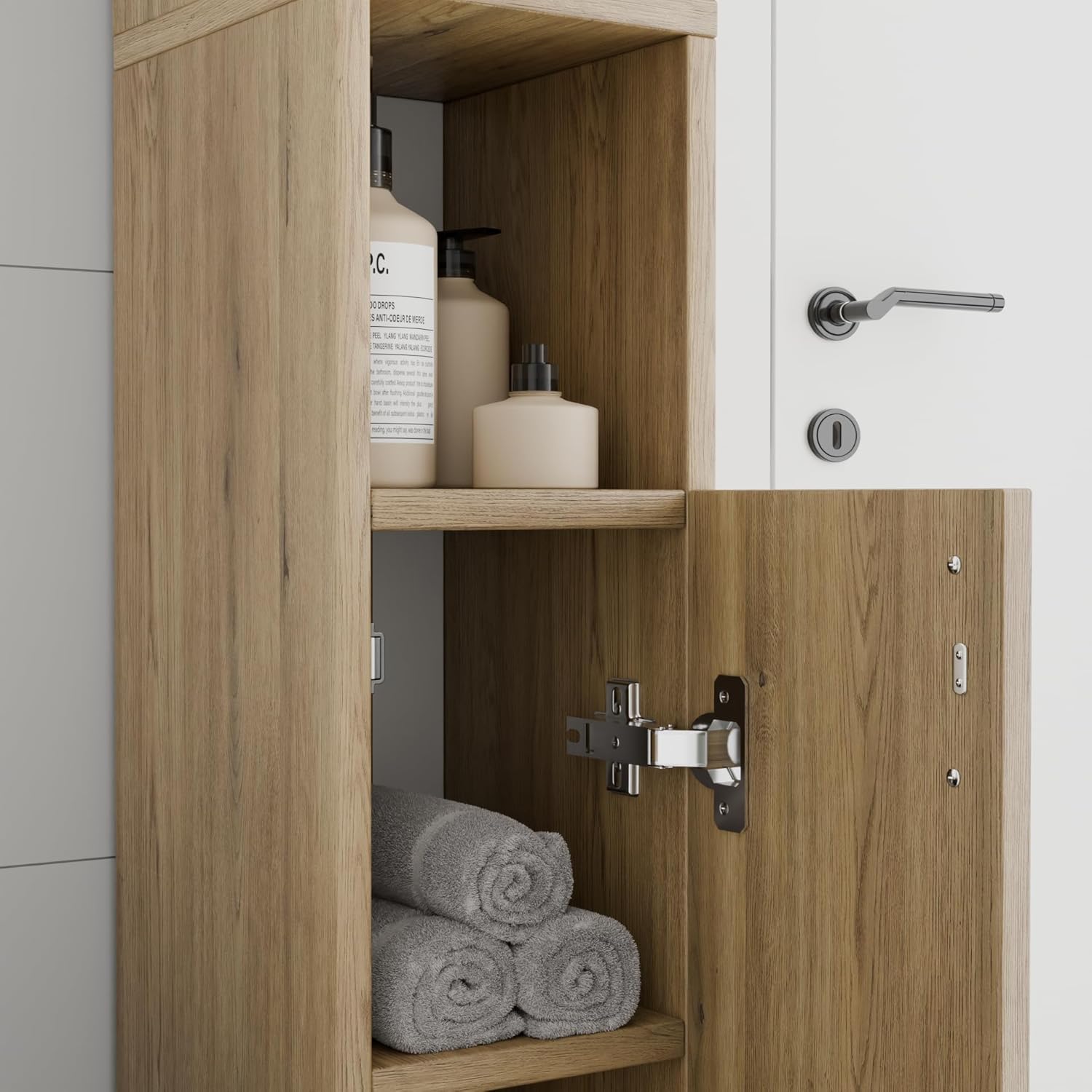 Slim Tall Bathroom Storage Cabinet Freestanding Oak Organizer
