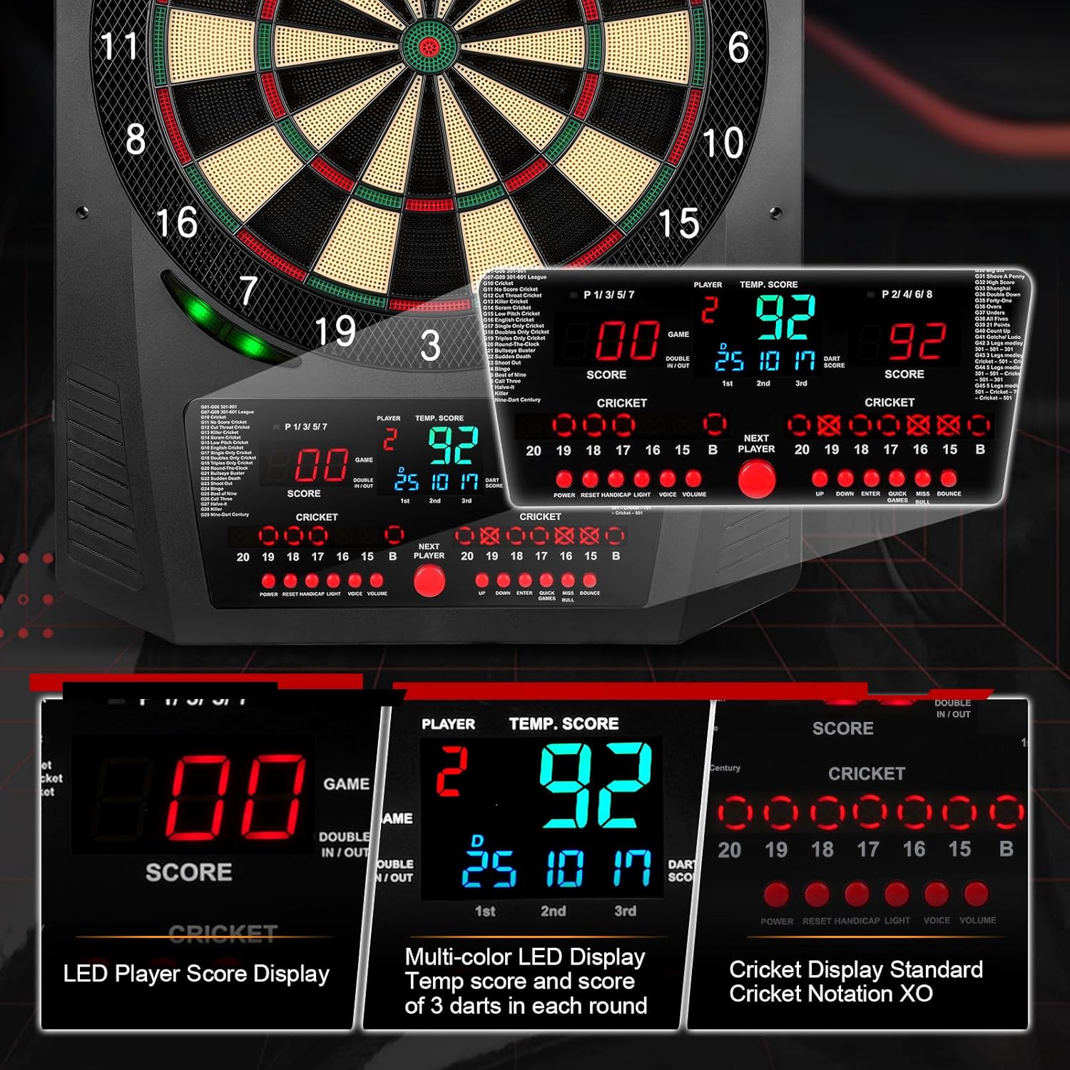 Electronic Dartboard LED Lights 45 Games 474 Modes 6 Darts