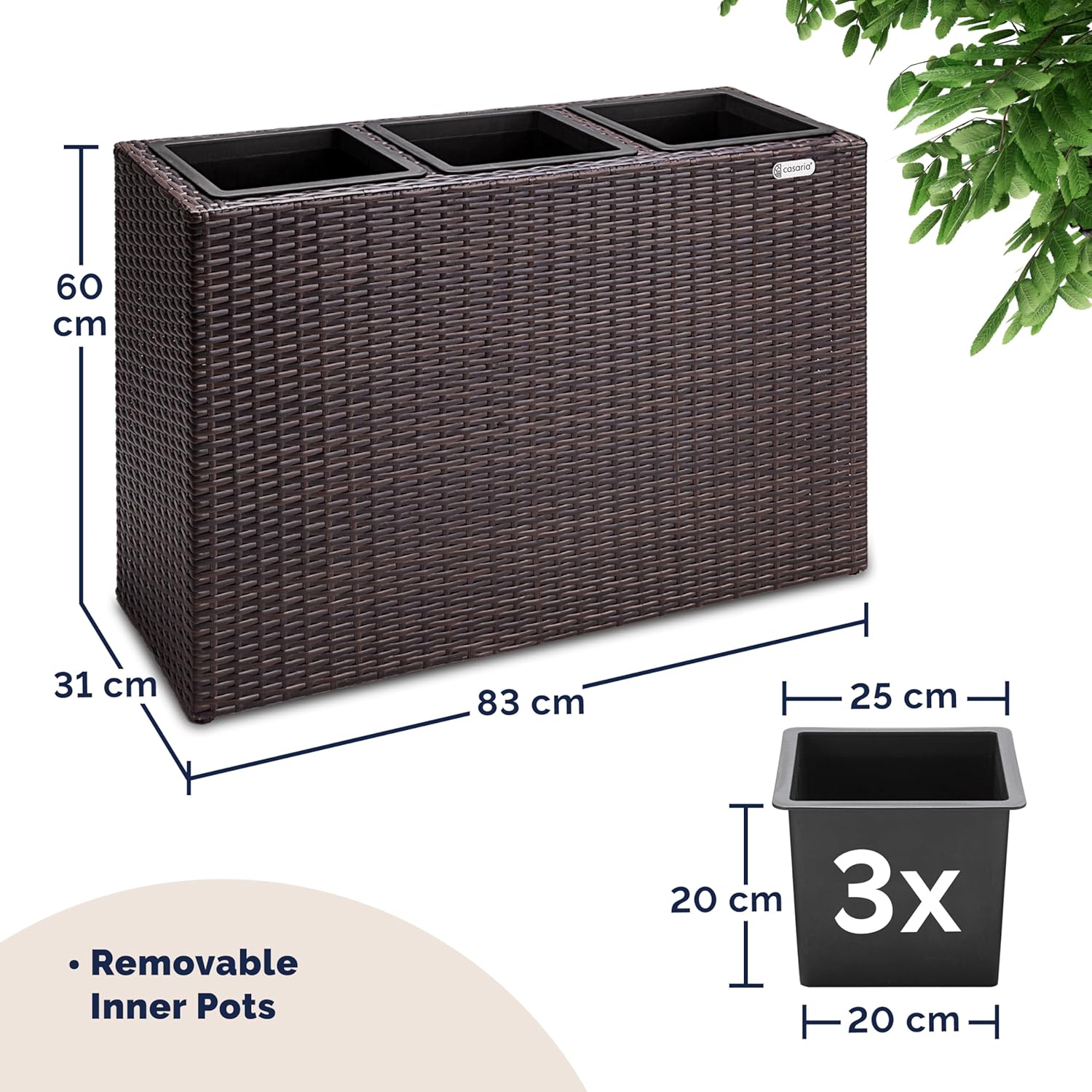 Tall Rattan Planter Box 83cm Brown with 3 Pots