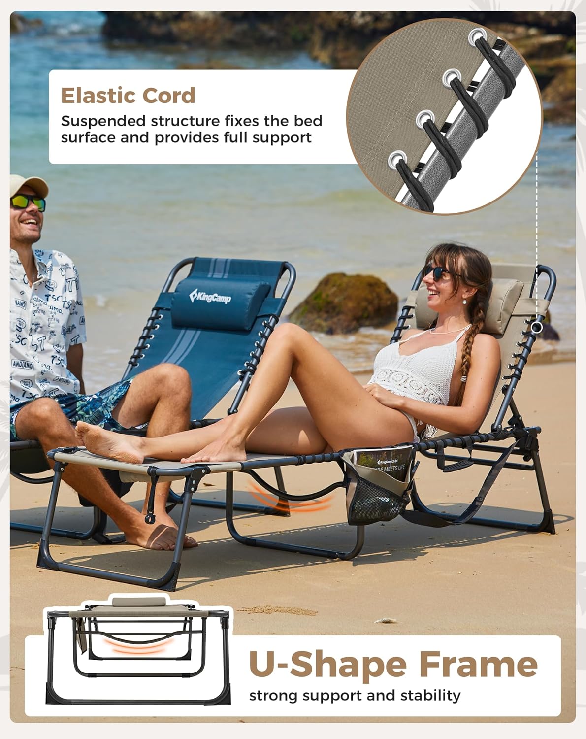Folding Sun Lounger Camp Bed Beige 5 Position Recliner