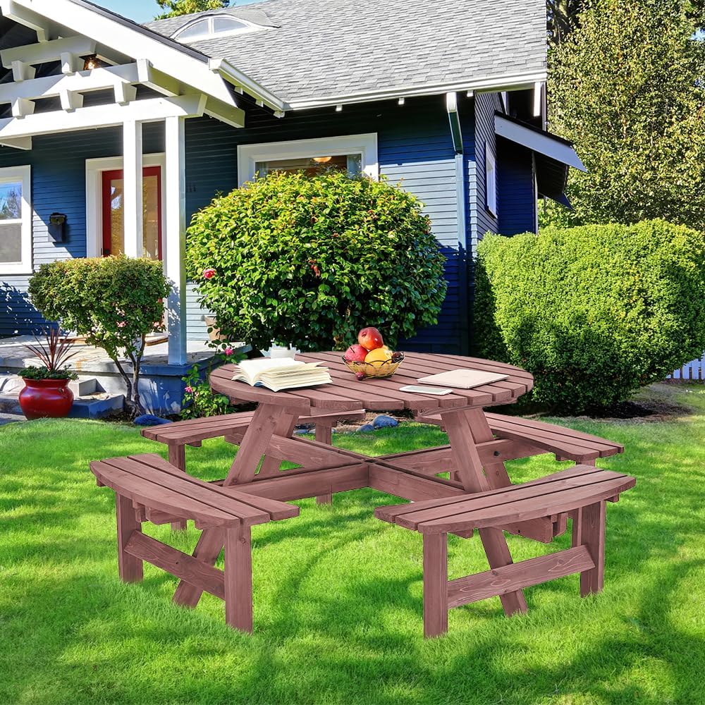 8 Seater Wooden Picnic Table Round Garden Dining Set Parasol Hole