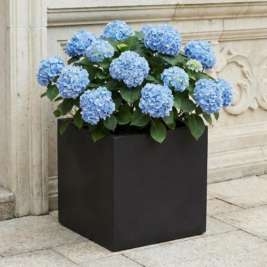 30cm Black Square Planter Stone Effect Garden Pot Drainage