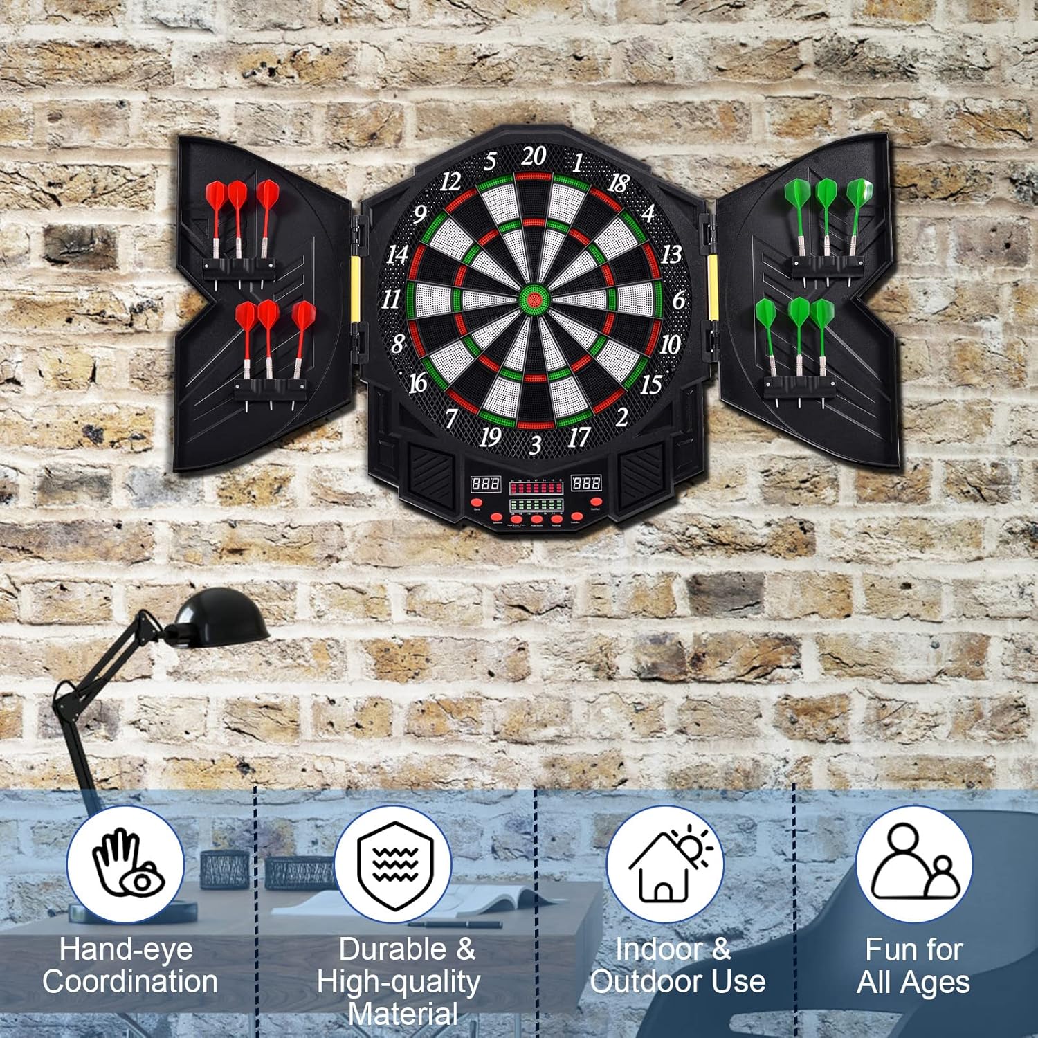 Electronic Dartboard Cabinet LED Auto Scoring 216 Games 12 Darts