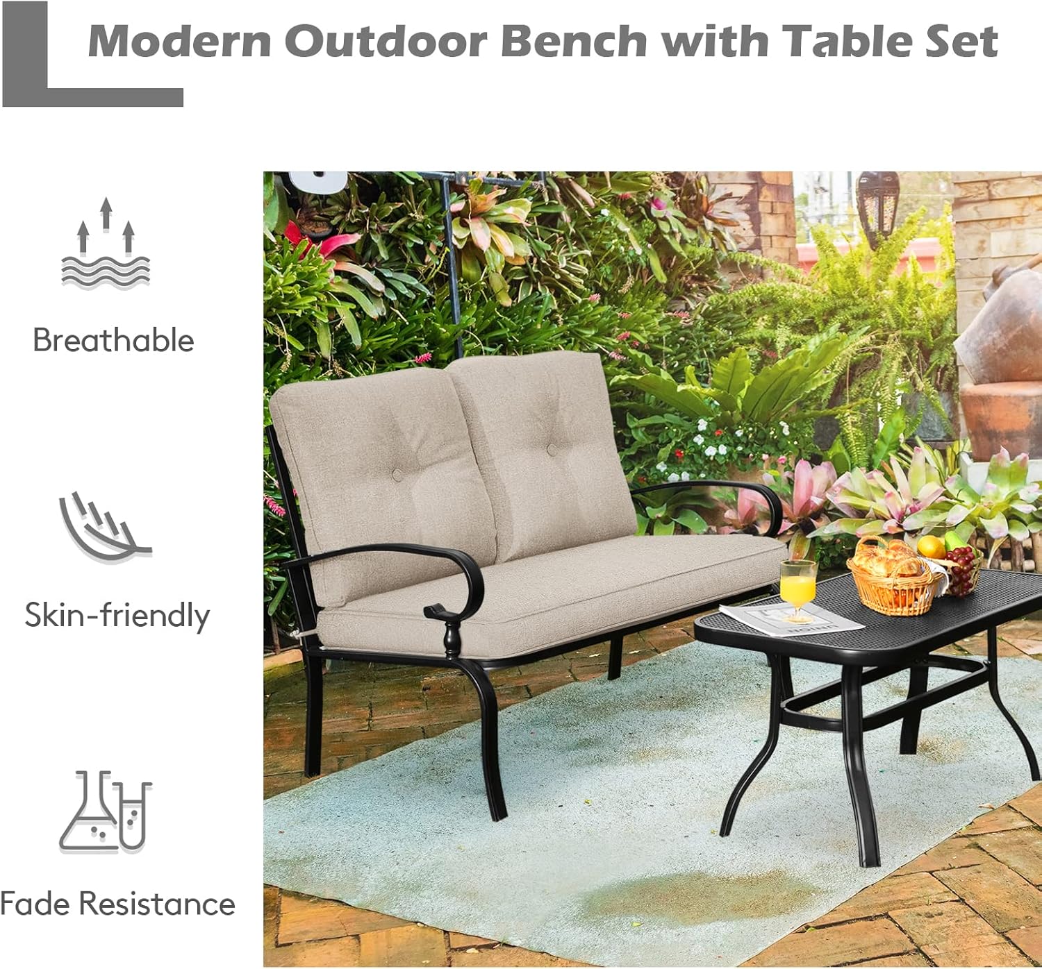 2 Seater Garden Loveseat with Coffee Table Cushioned Patio Set