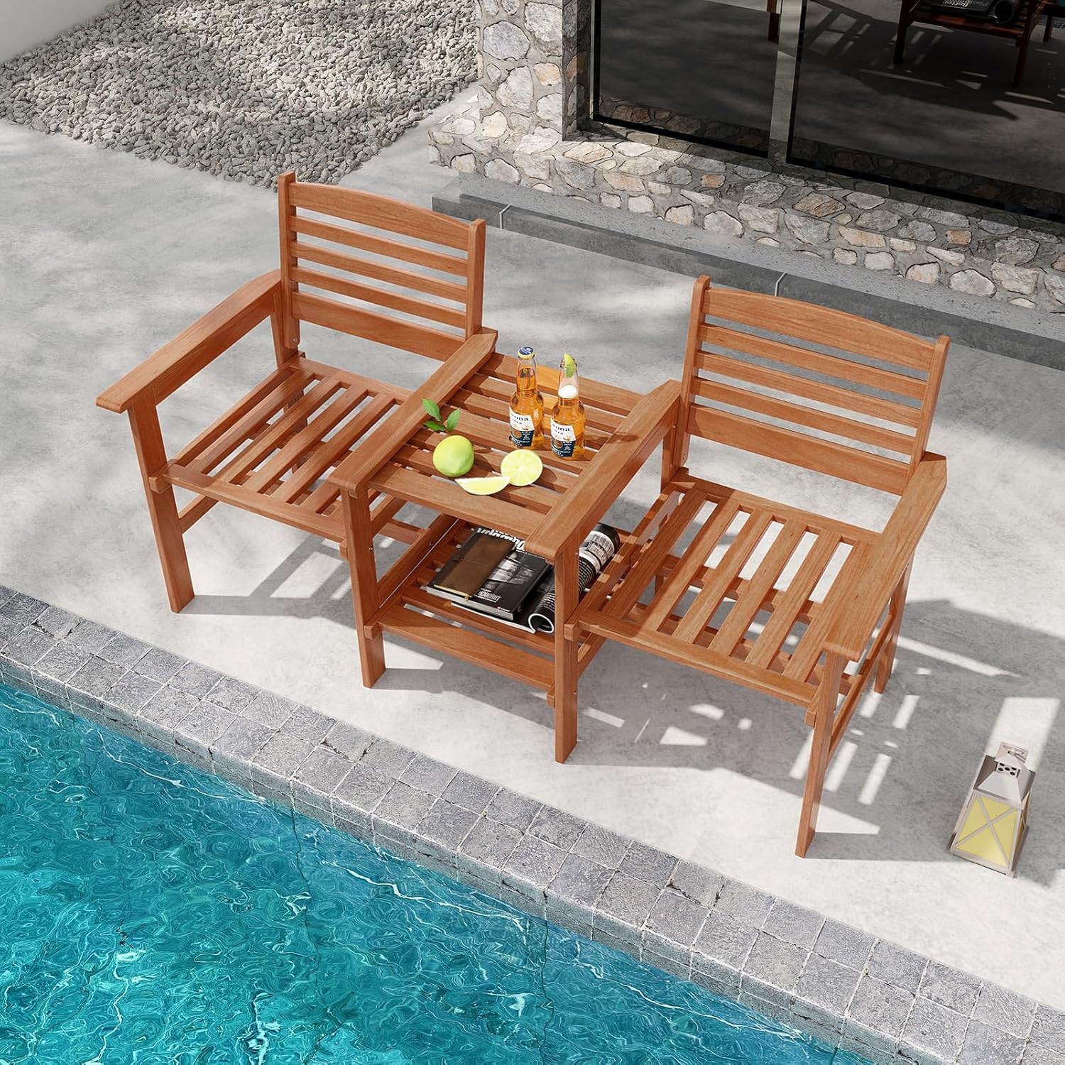 2 Seater Wooden Garden Loveseat Bench w/Table & Parasol Hole