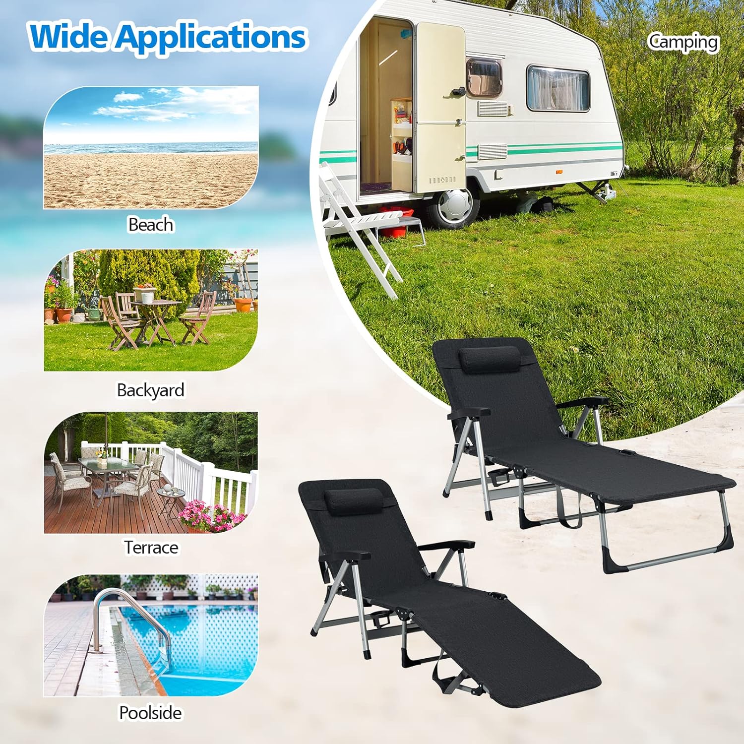 Folding Sun Lounger 7 Position Reclining Chair Cup Holder Black