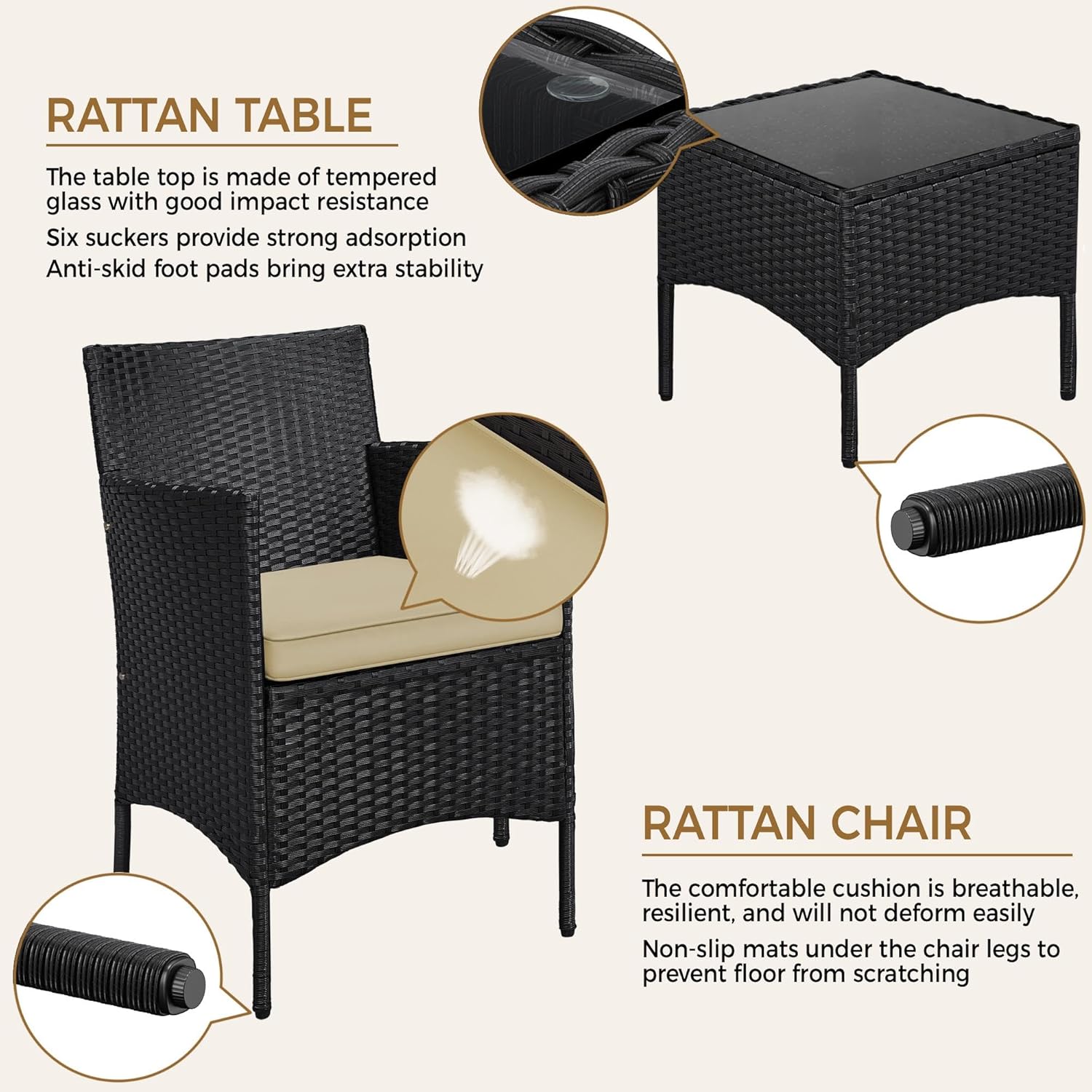 3 Piece Rattan Garden Furniture Set Patio Bistro Chairs Table