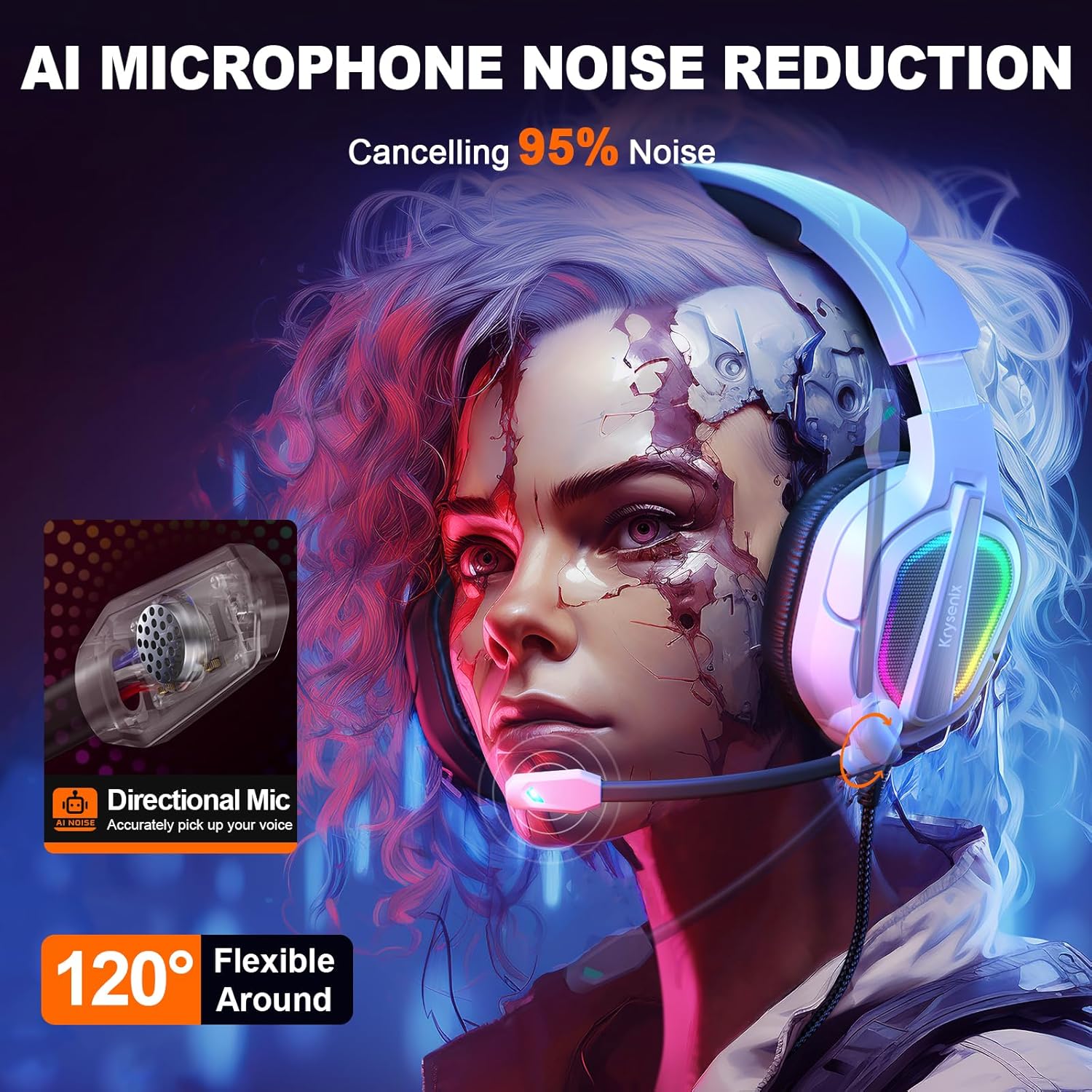 Wired Gaming Headset 54mm Drivers Noise Cancelling Mic RGB