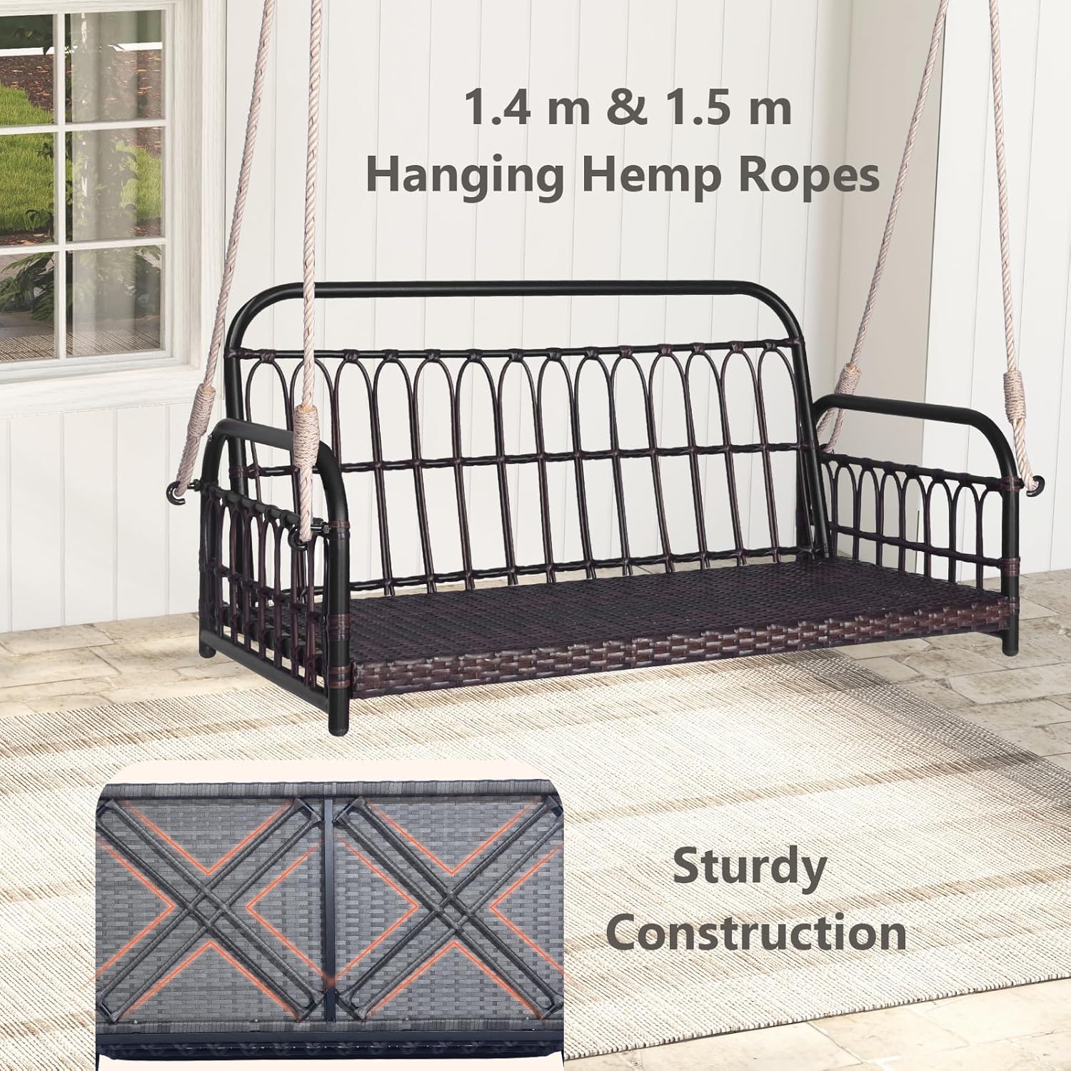 2 Seater Rattan Hanging Swing Bench Cushion Pillows Grey