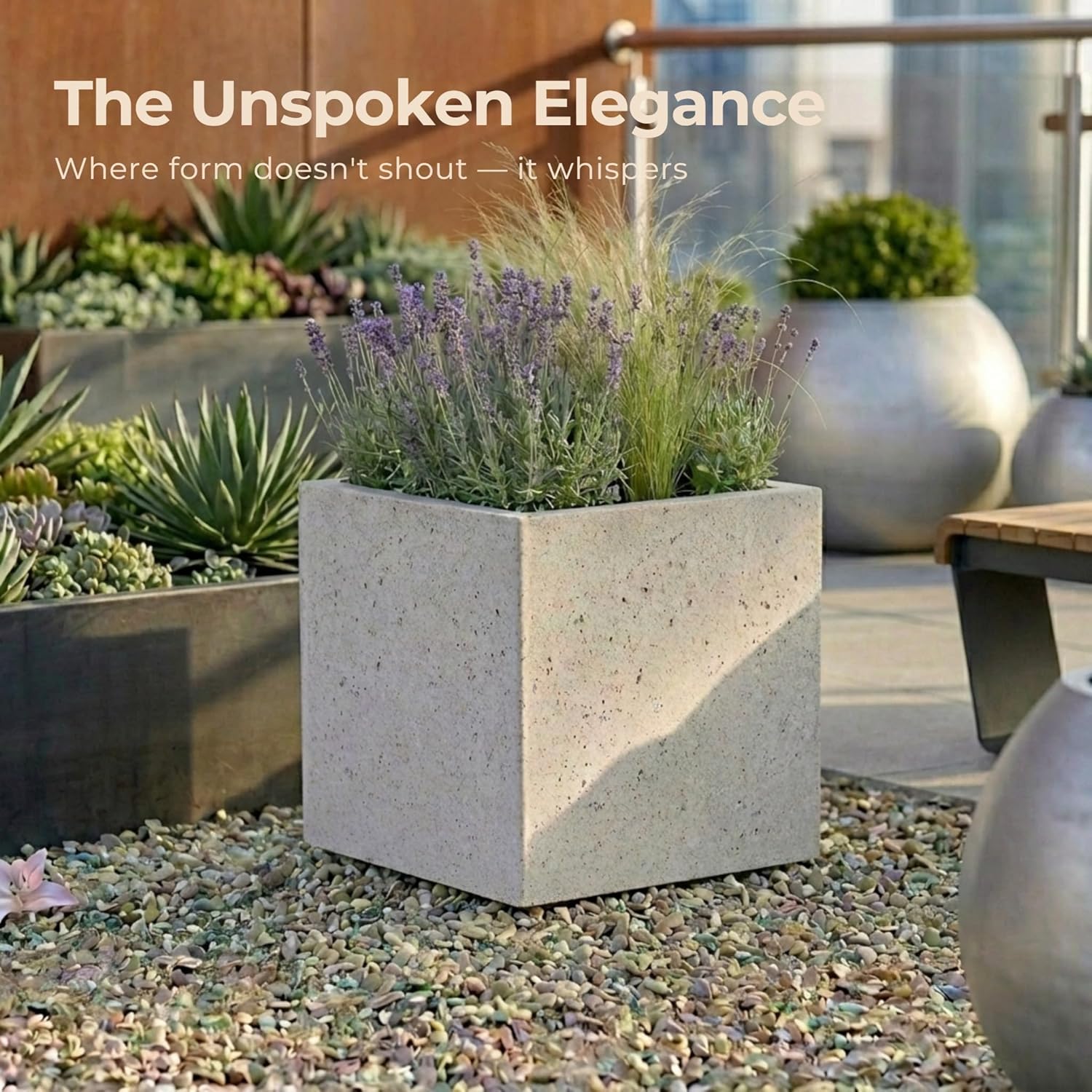 30cm Square Garden Planter Stone Effect Grey Plant Pot Drainage