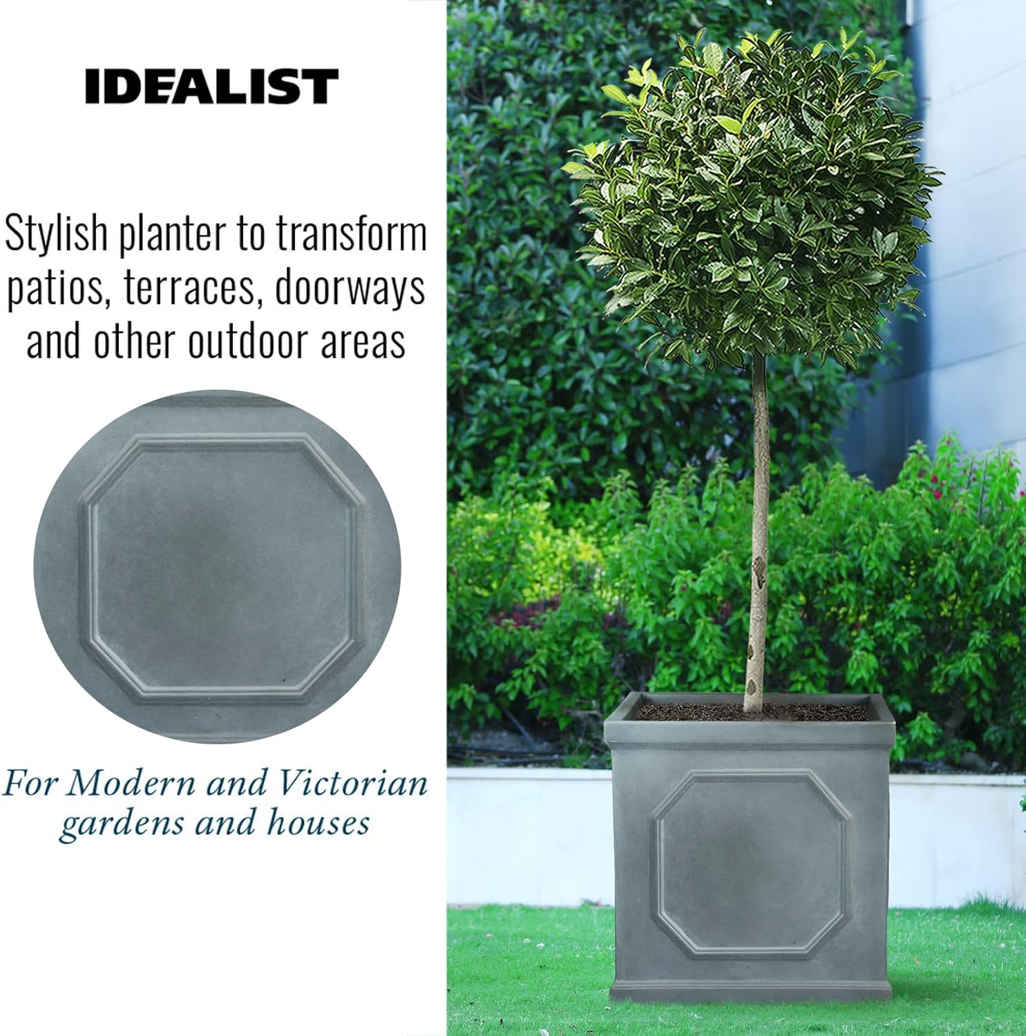 55cm Large Square Planter Faux Lead Garden Pot Grey Tree Box