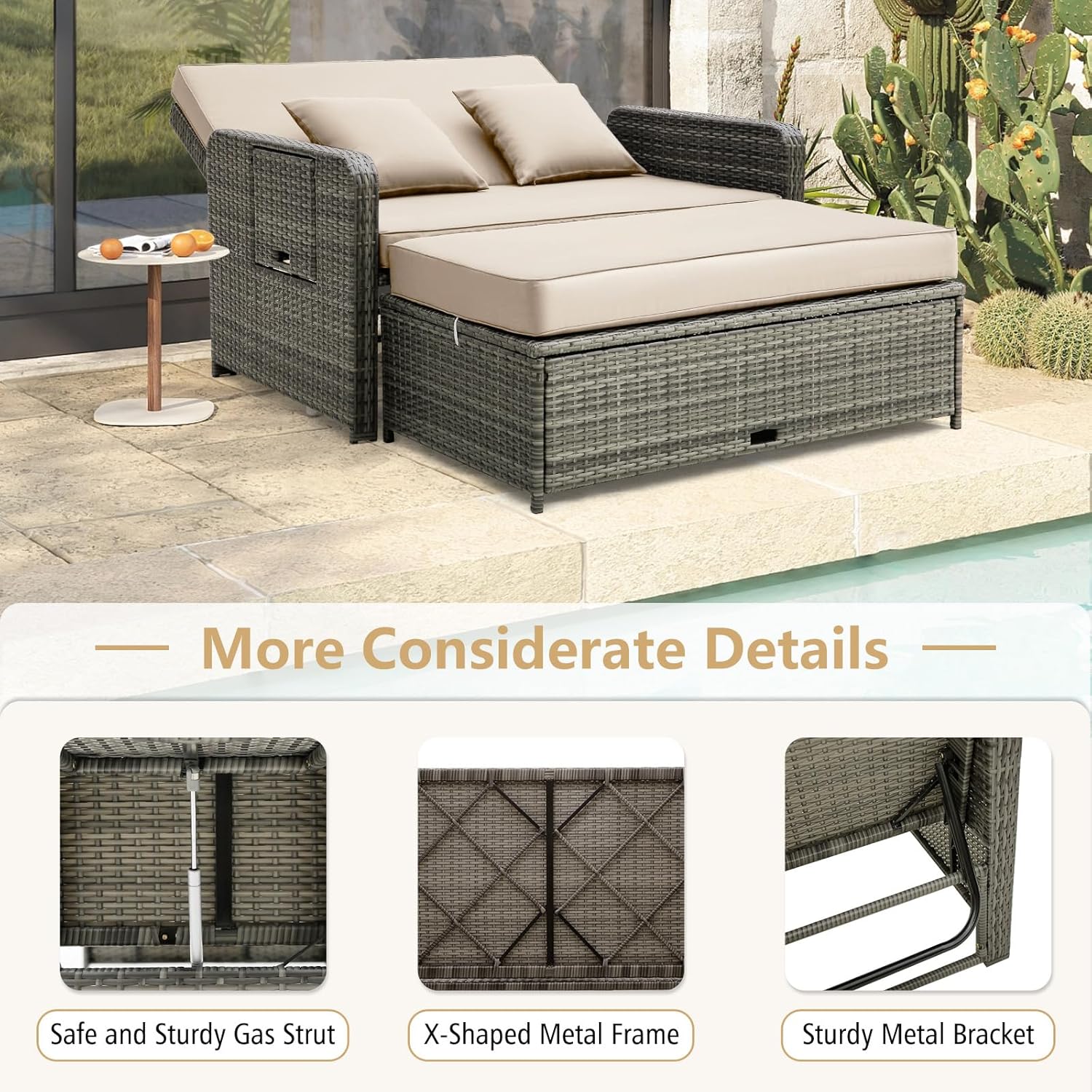 Patio Wicker Daybed Sun Lounger Sofa Storage Ottoman Beige Grey