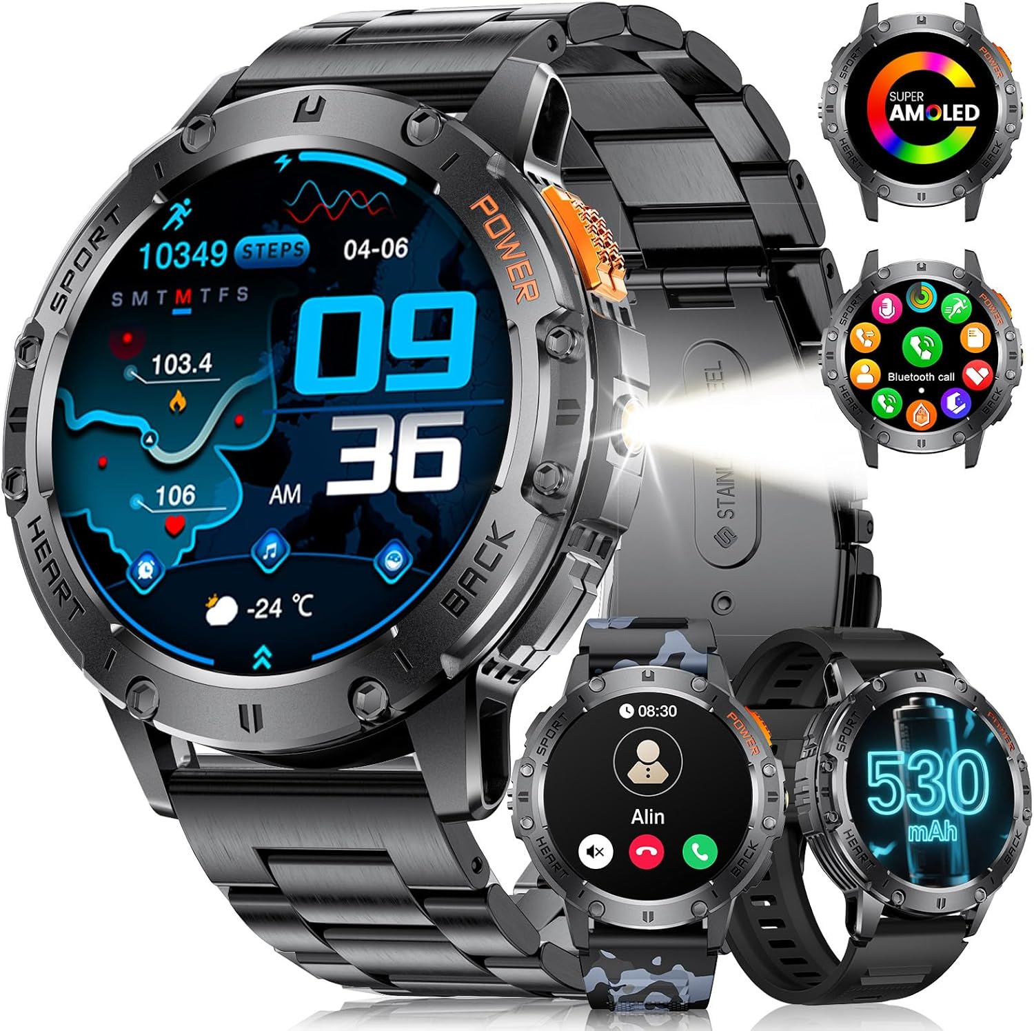 Military AMOLED Smart Watch LED Light 3 Straps