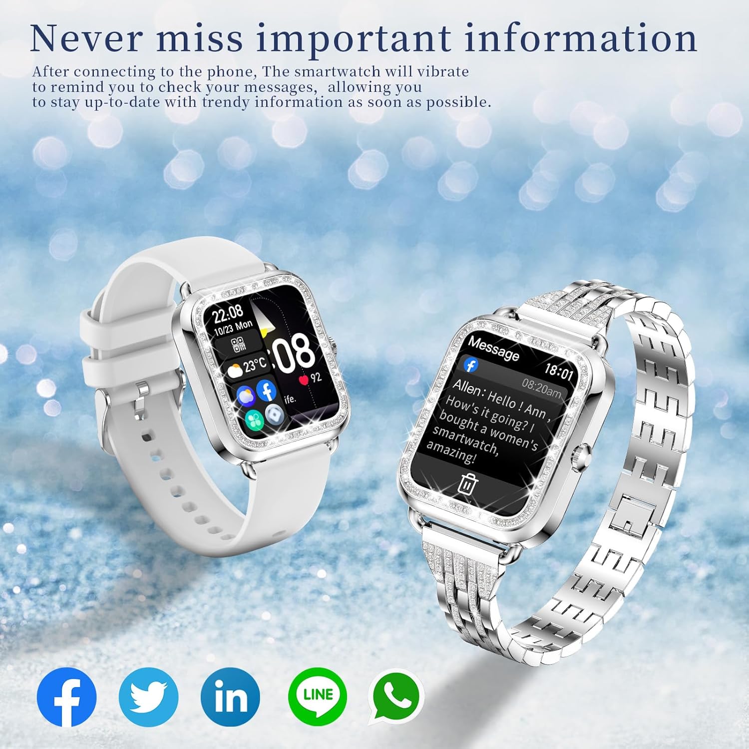 Diamond Womens Smart Watch 3 Straps Bluetooth Call