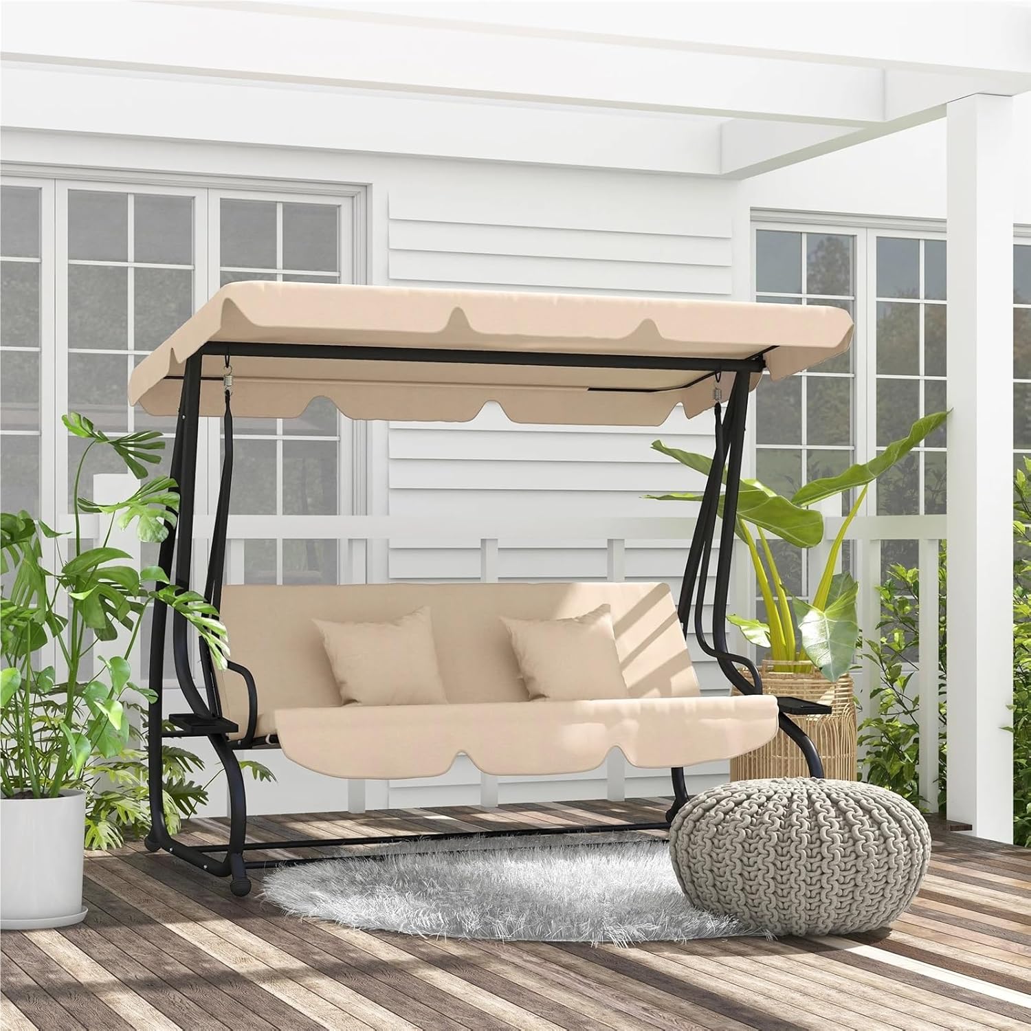 3 Seater Garden Swing Bed Brown Canopy Cushions
