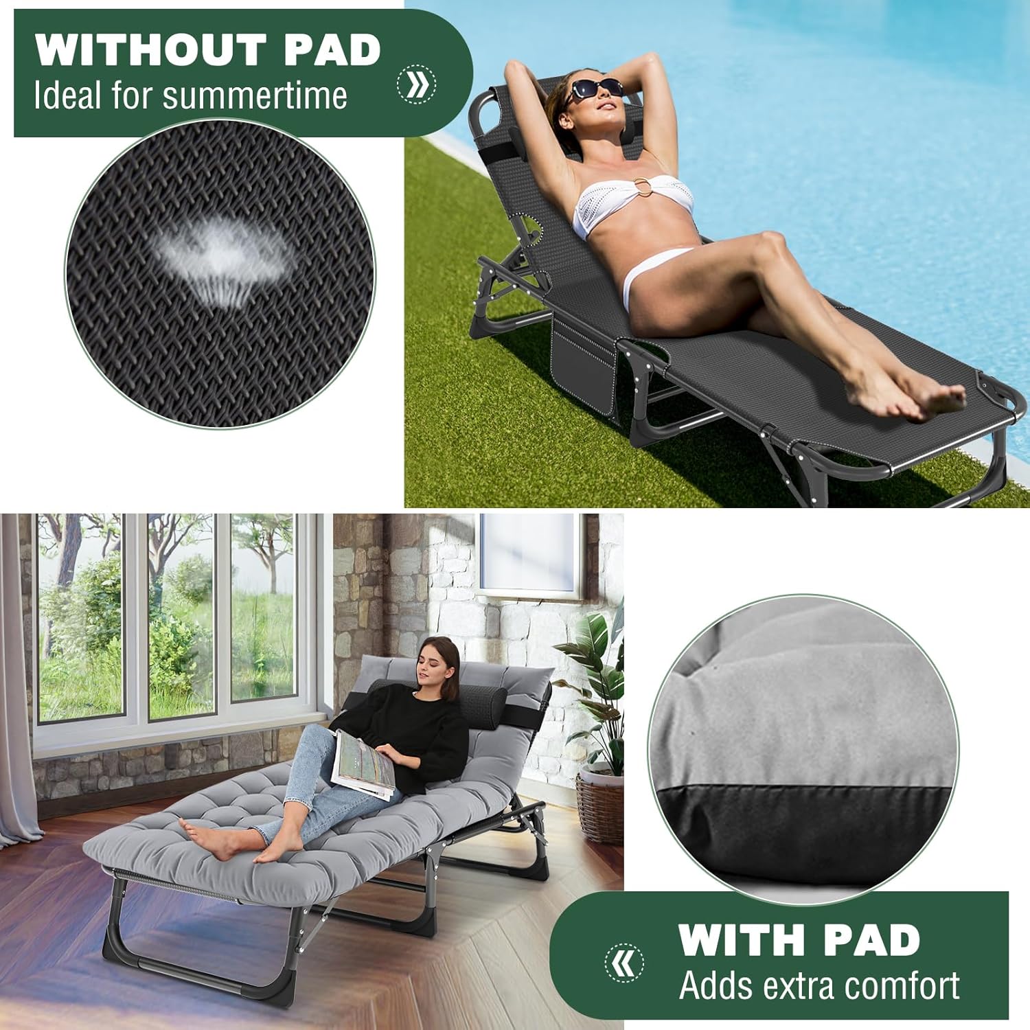 Folding Sun Lounger Guest Bed 5 Position 200kg Light Grey
