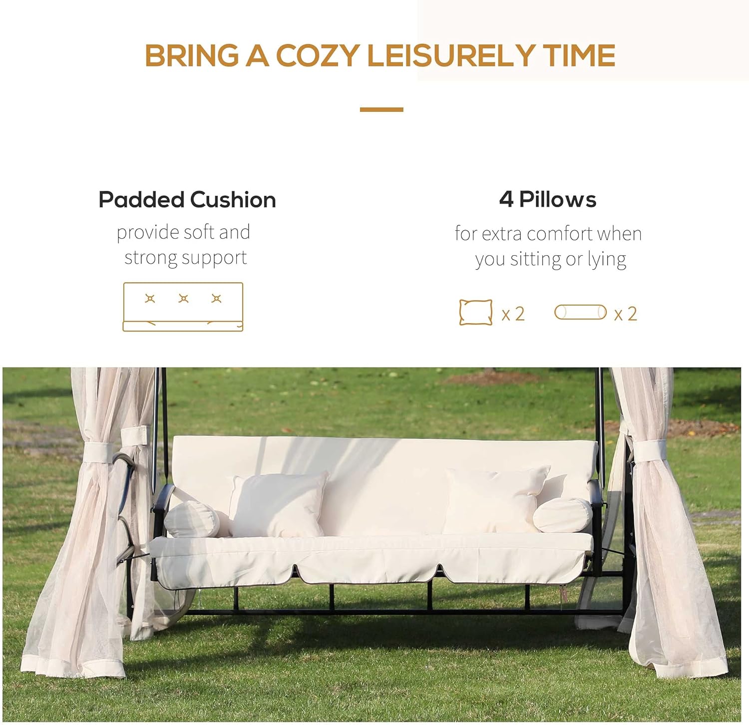 3 Seater Swing Bed Gazebo Chair Cream White