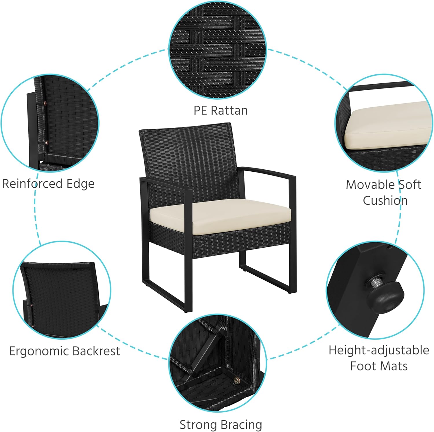 3 Piece Rattan Garden Furniture Set Patio Chairs Table Black