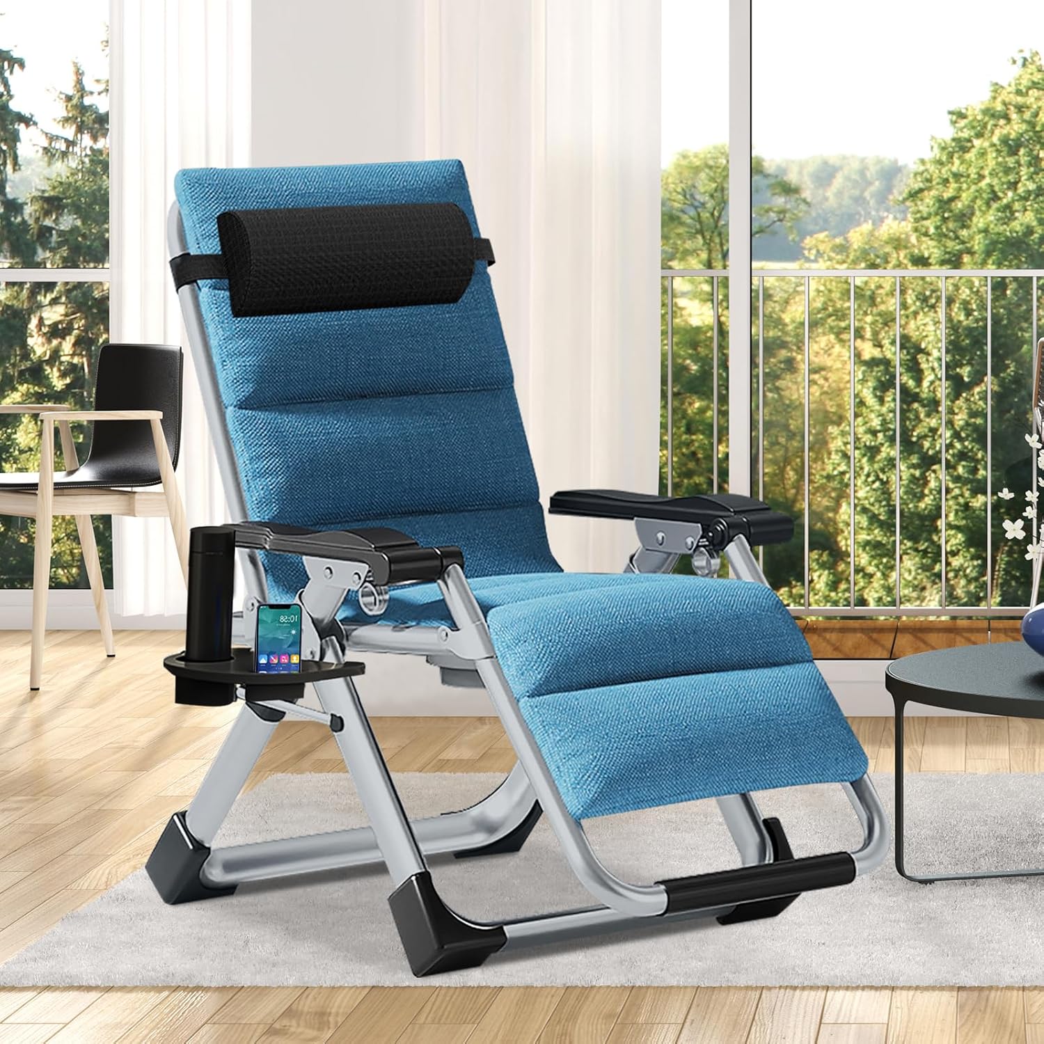 Zero Gravity Folding Sun Lounger Garden Recliner Chair Cushion Blue