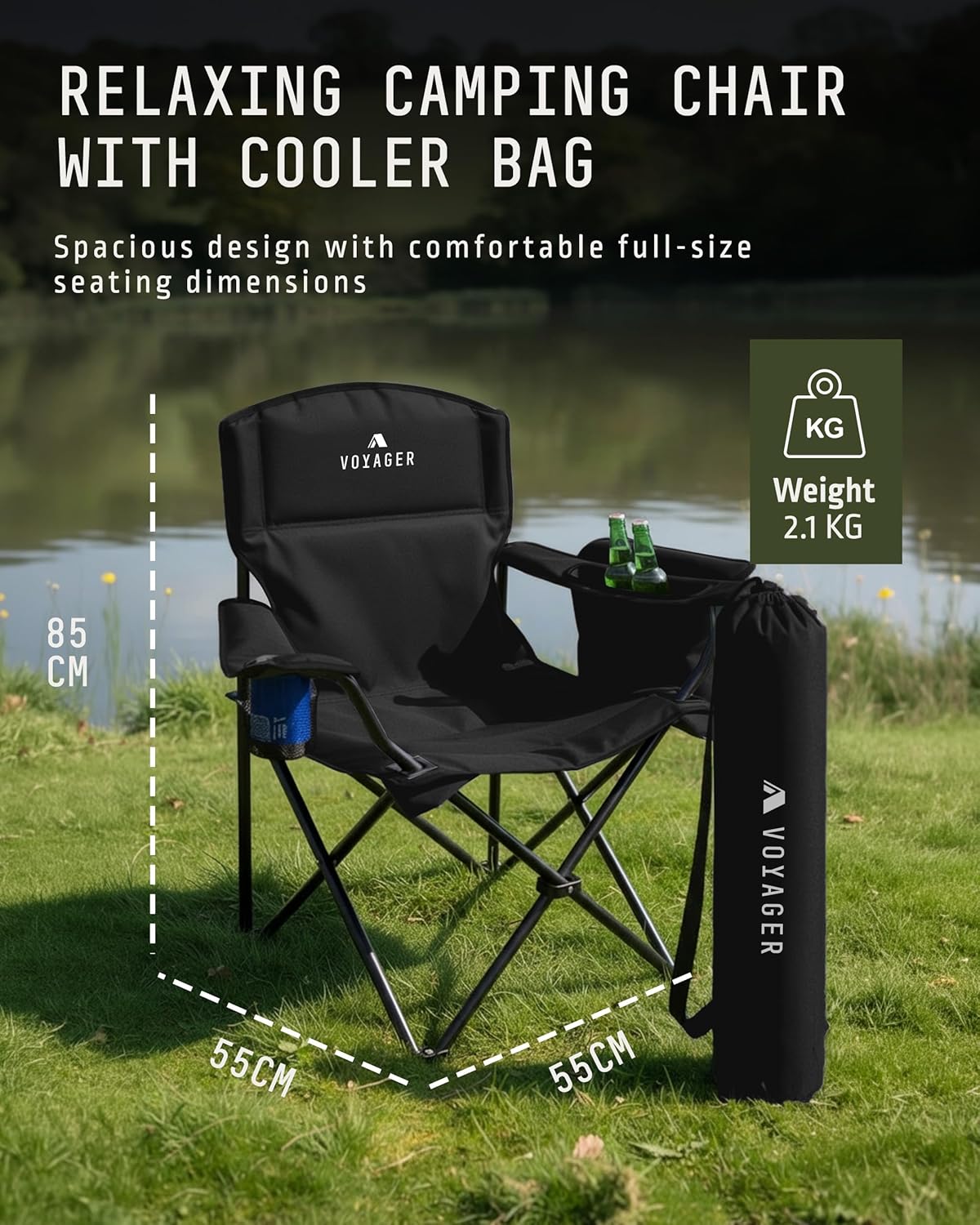 Folding Camping Chairs 2 Pack Cooler Bag Portable Black