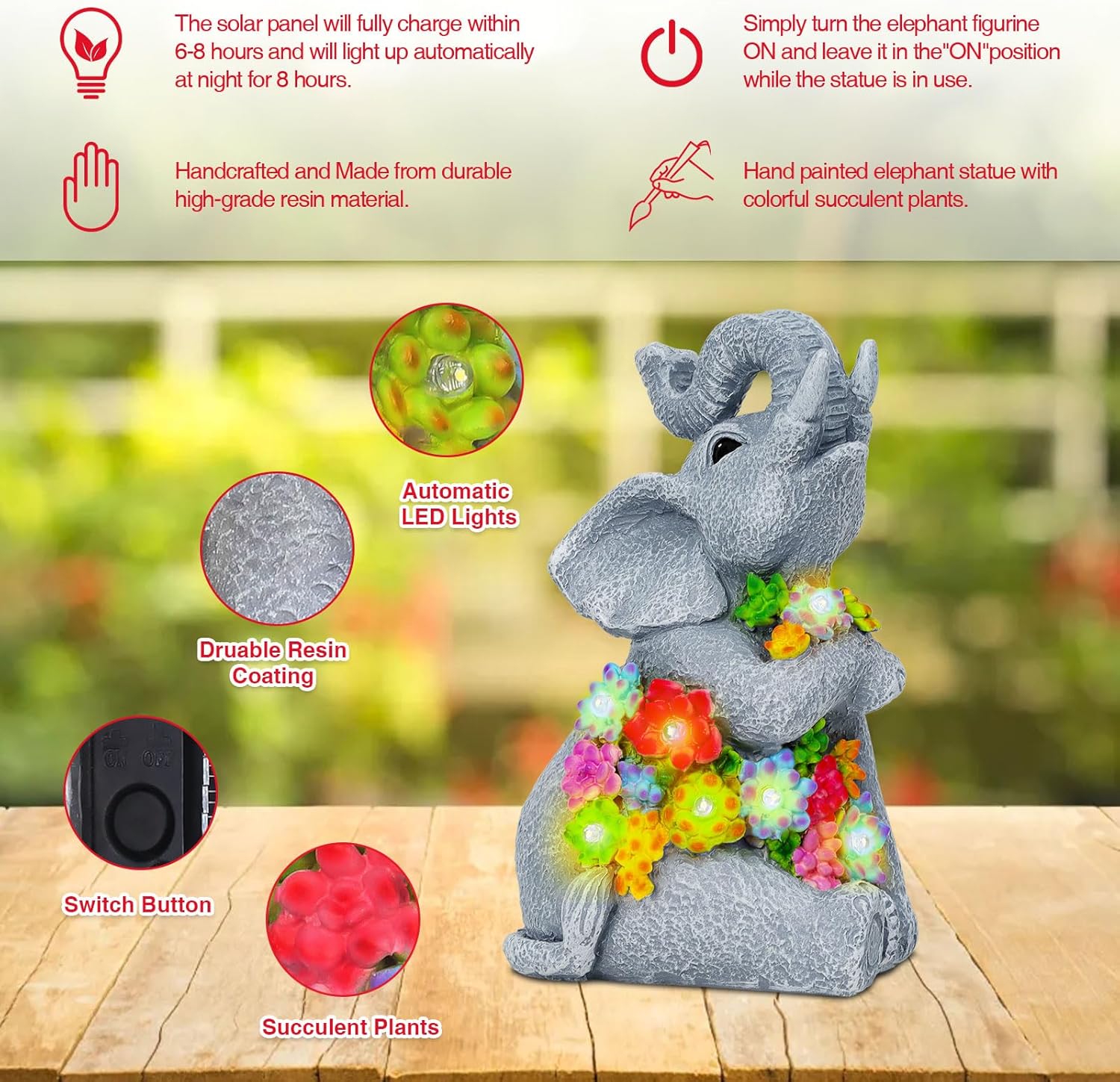 Solar Elephant Garden Statue LED Lights Waterproof Outdoor Decor